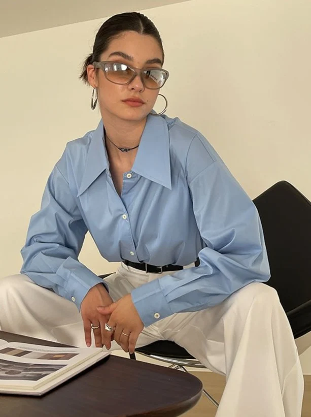 Loose Fit Pointed Collared Long Sleeve Blouse / Light Blue