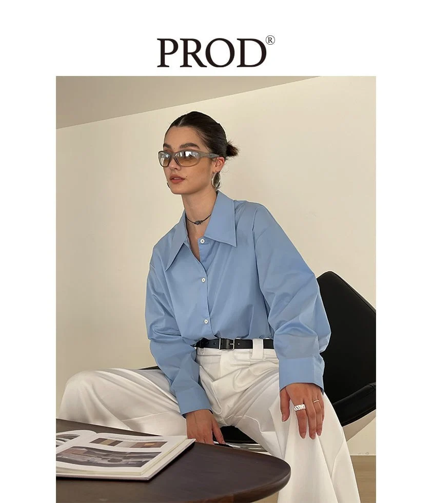 Loose Fit Pointed Collared Long Sleeve Blouse / Light Blue - Image 2