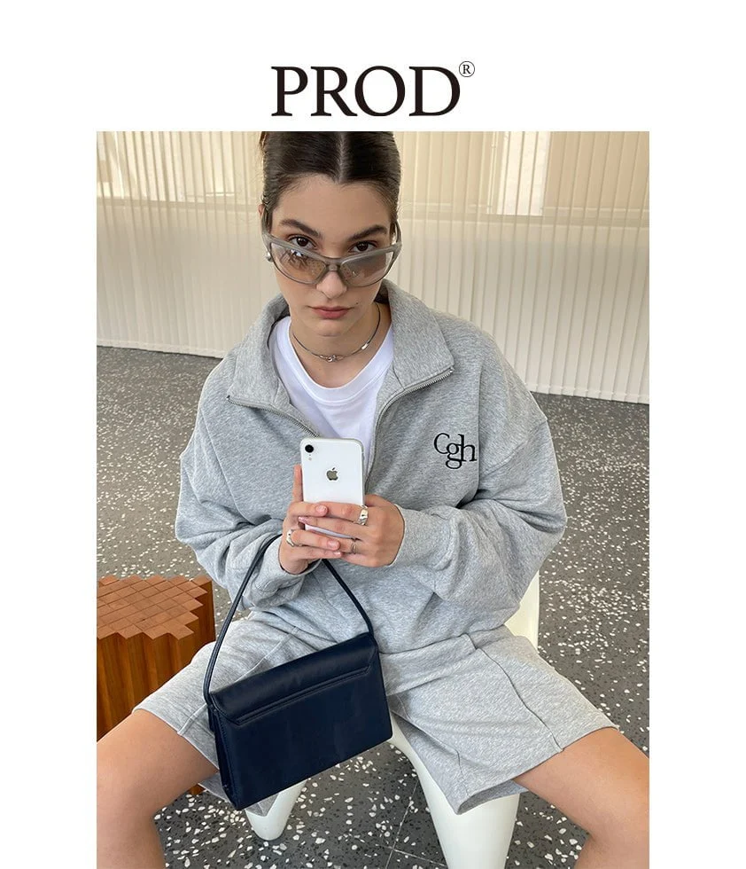 Loose Fit Cgh Quarter Zip Sweatshirt + Short Set / Gray - Image 2