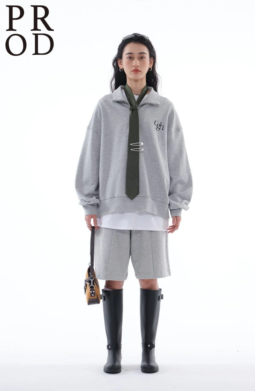 Loose Fit Cgh Quarter Zip Sweatshirt & Short Set / Gray - Image 7