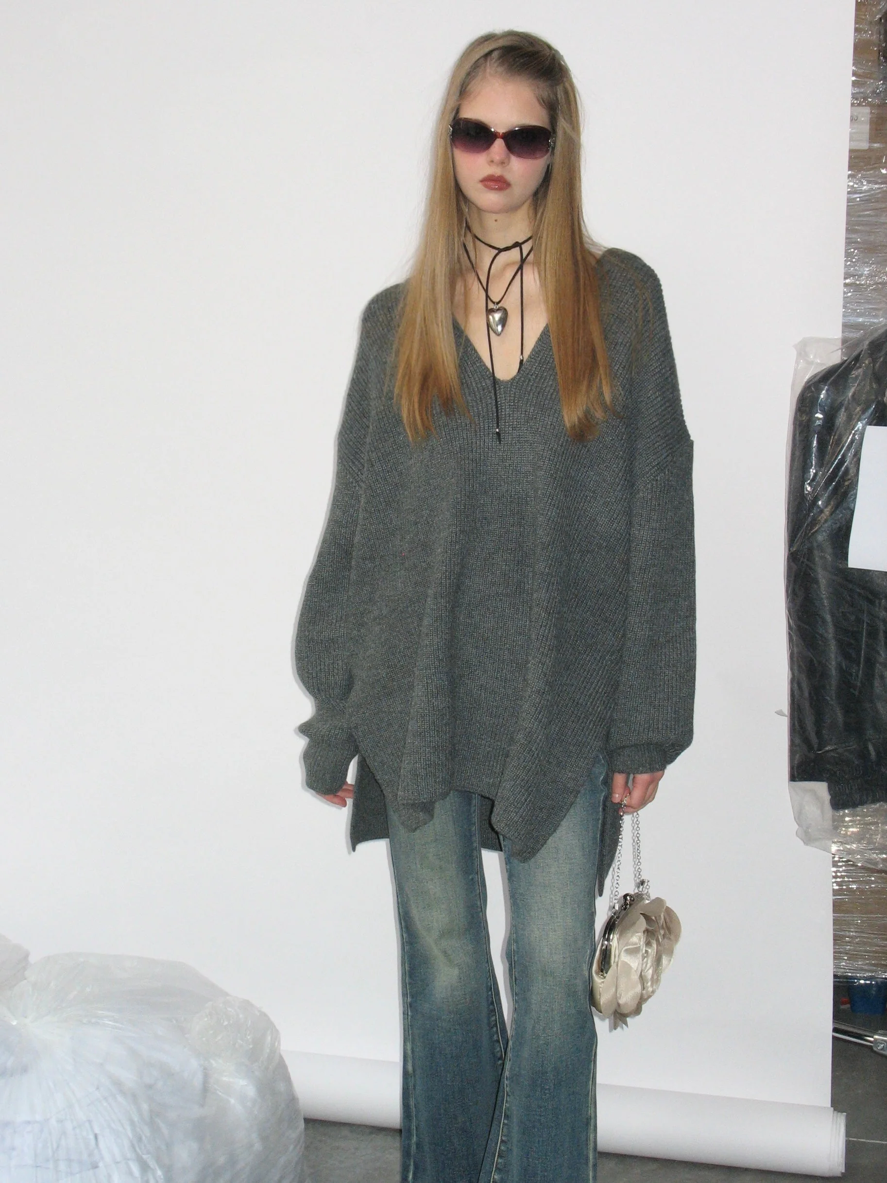 Gray Hooded V-Neck Sweater - Image 2