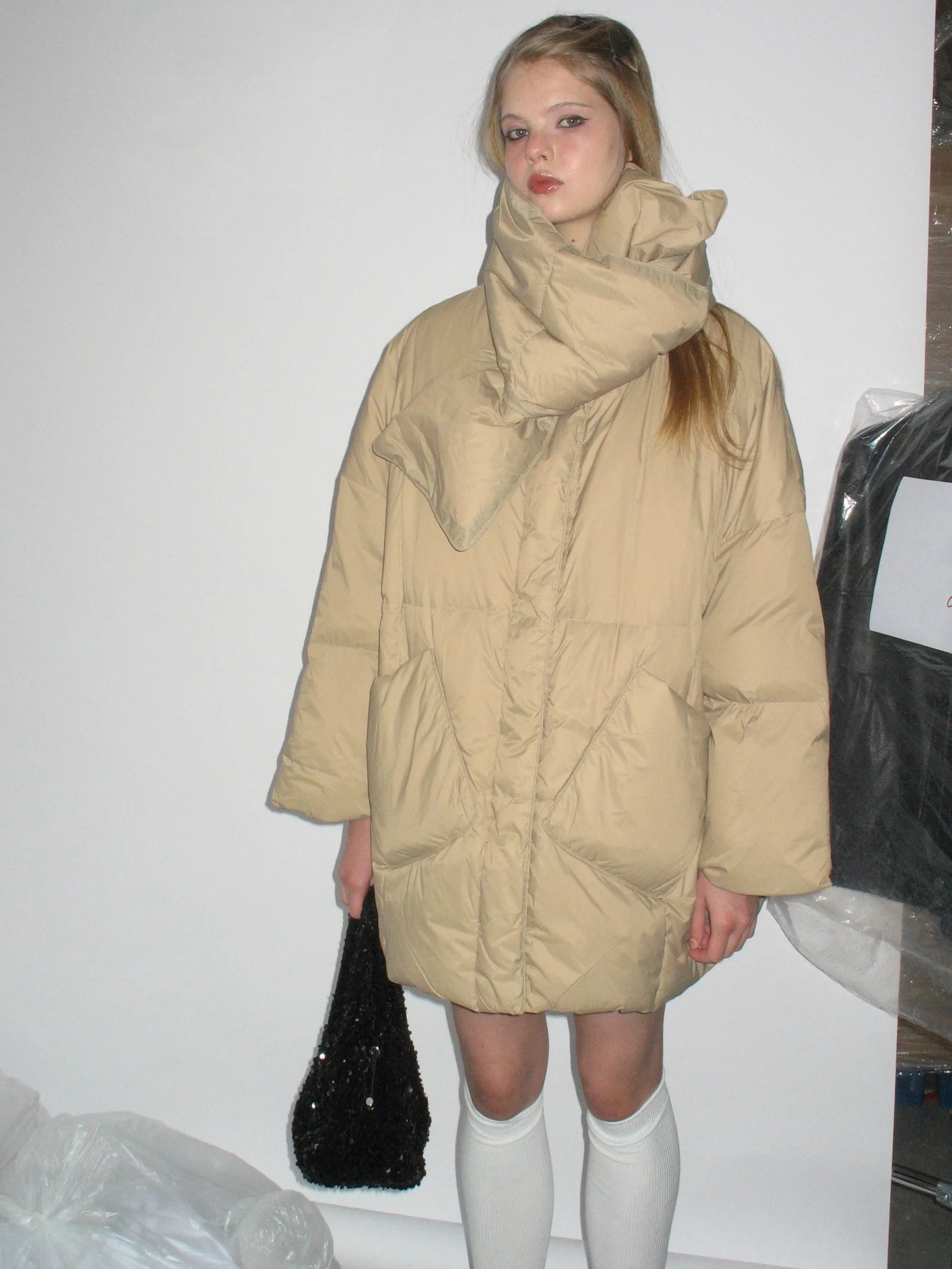 Navy Blue Down Jacket with Scarf - Image 14