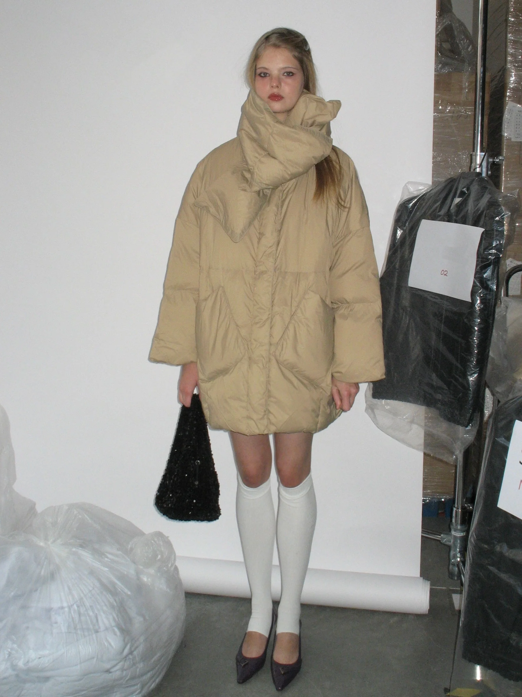 Khaki Down Jacket with Scarf - Image 2