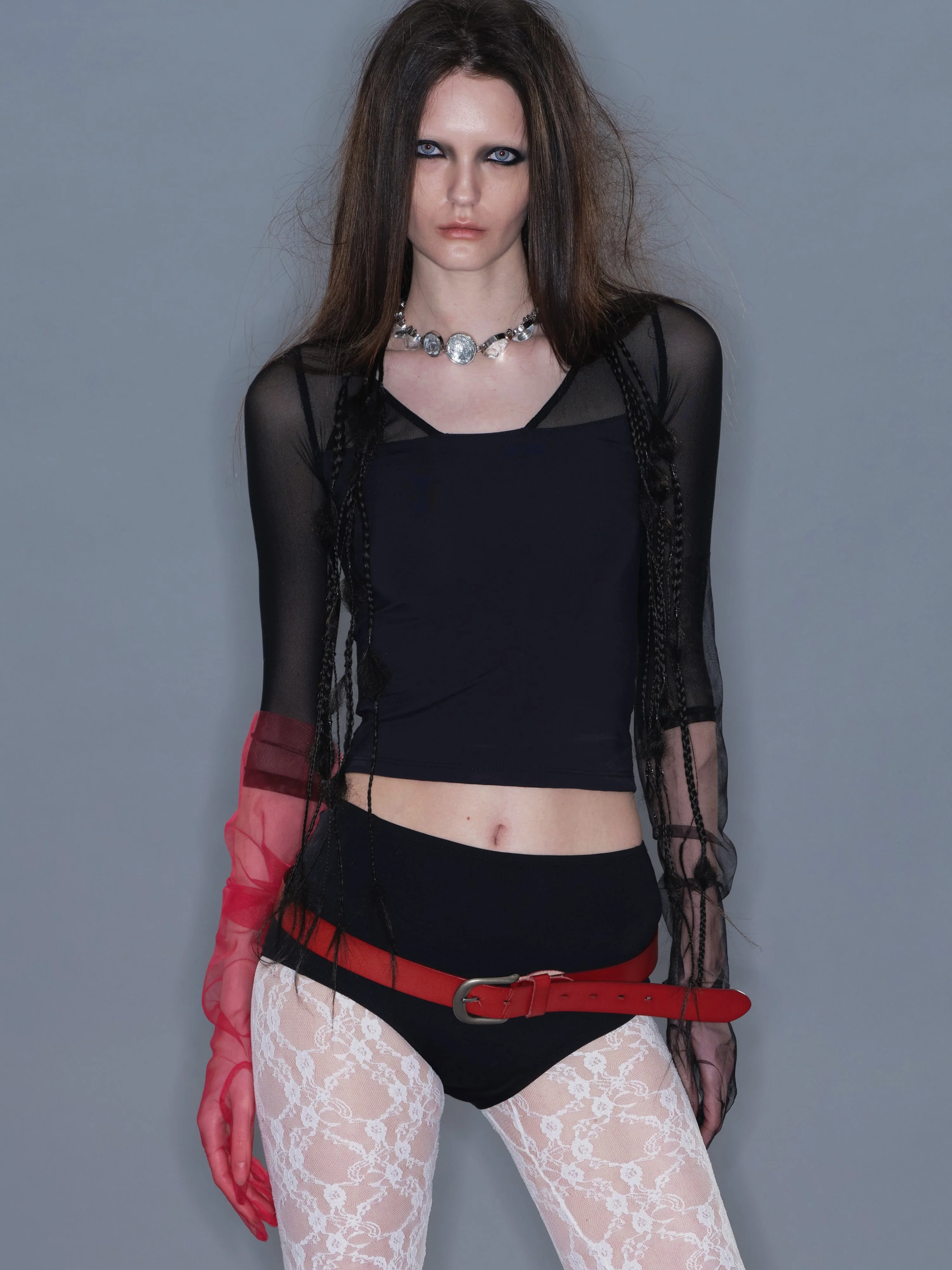 Fitted Mesh Crew Neck Long Sleeve Top/ Black - Image 2