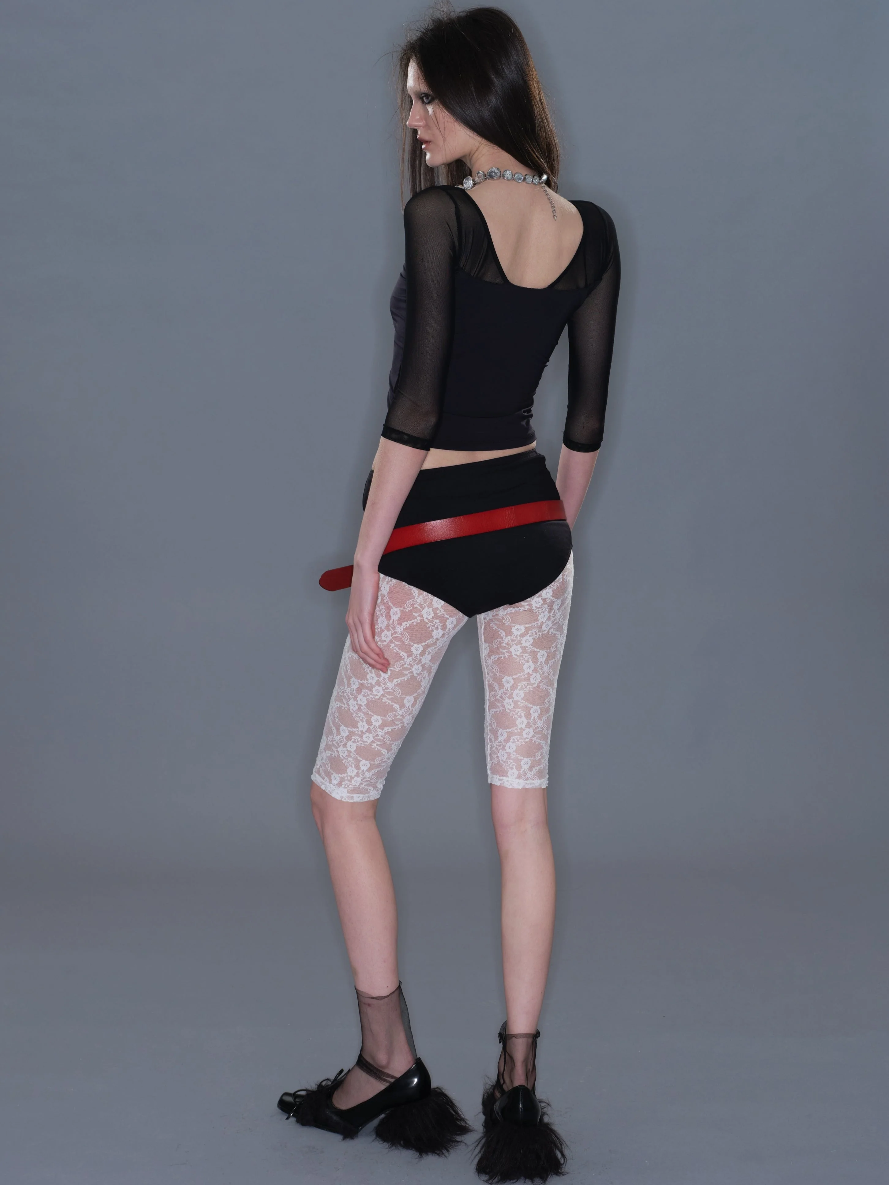 Fitted Mesh Crew Neck Long Sleeve Top/ Black - Image 4
