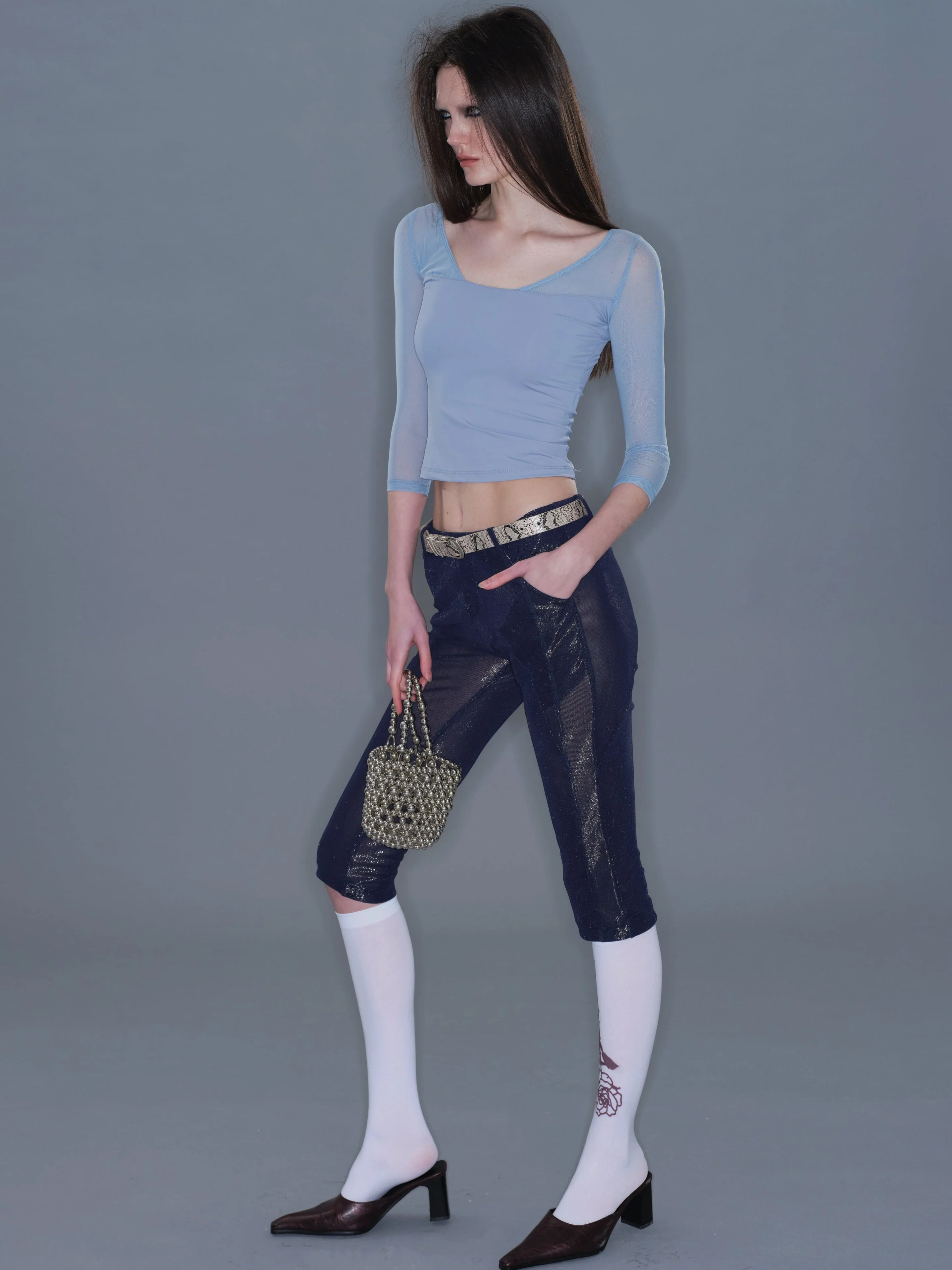 Fitted Mesh Crew Neck Long Sleeve Top/ Gray-blue - Image 3