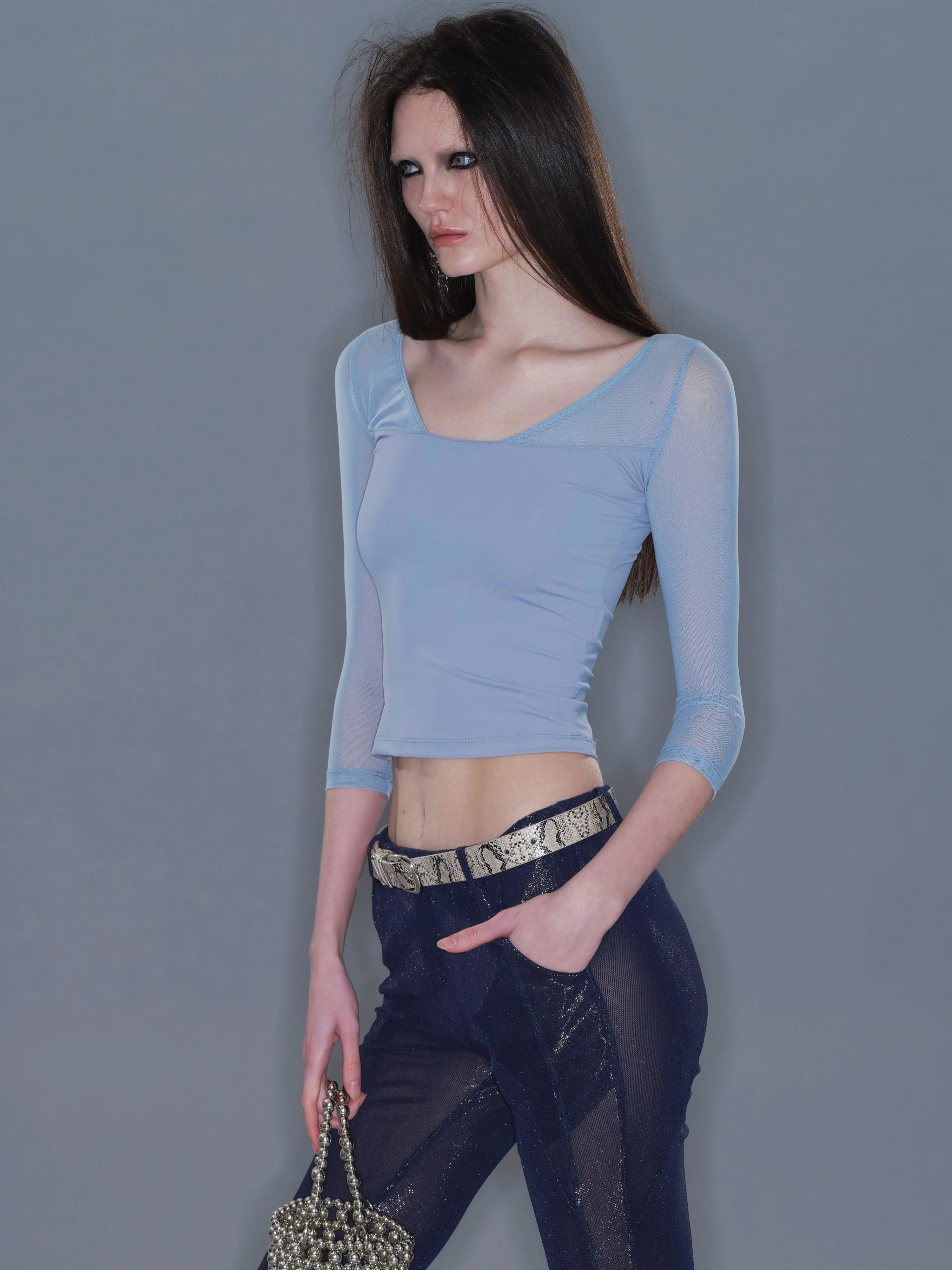 Fitted Mesh Crew Neck Long Sleeve Top/ Gray-blue - Image 4