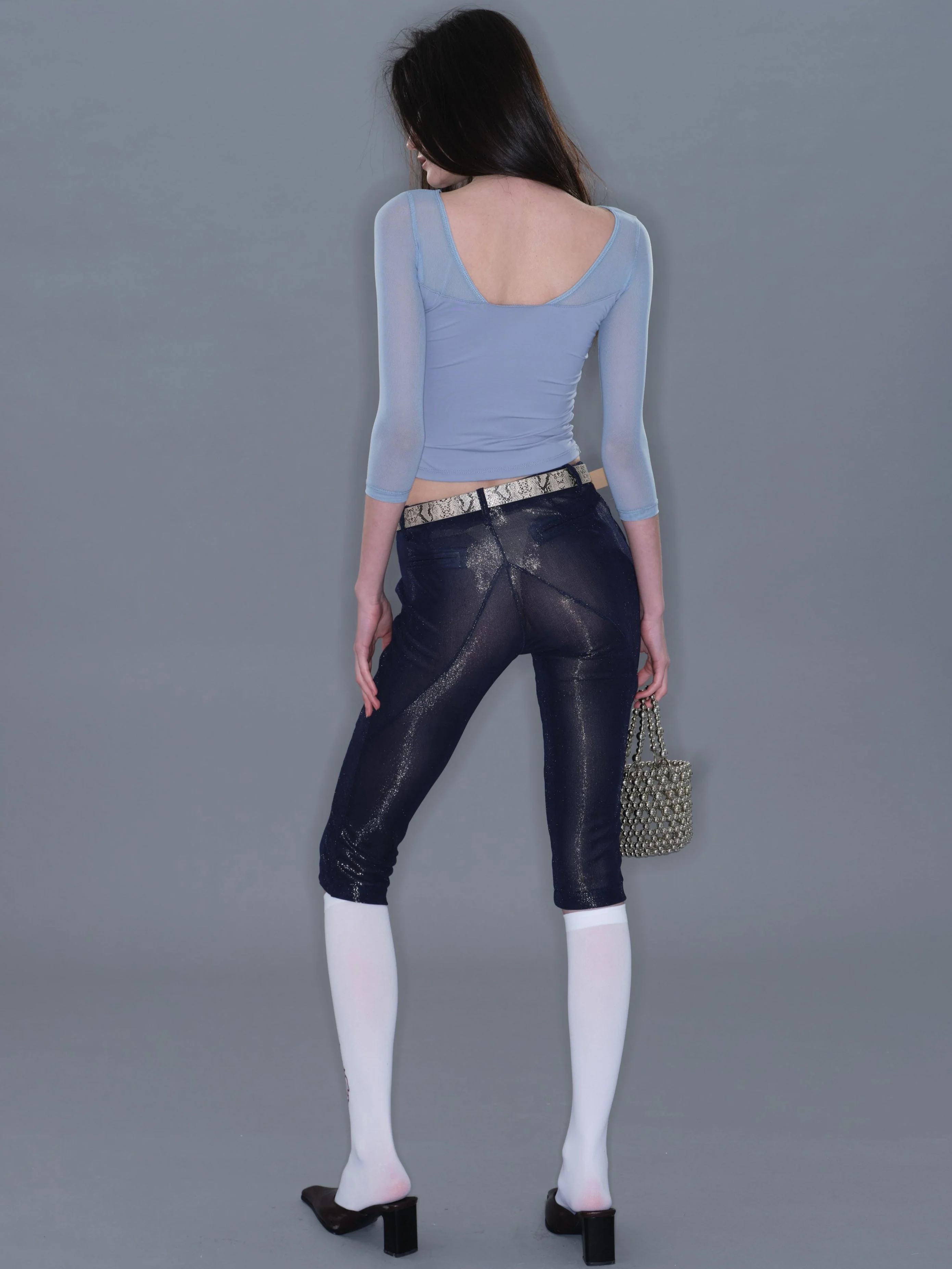 Fitted Mesh Crew Neck Long Sleeve Top/ Gray-blue - Image 7