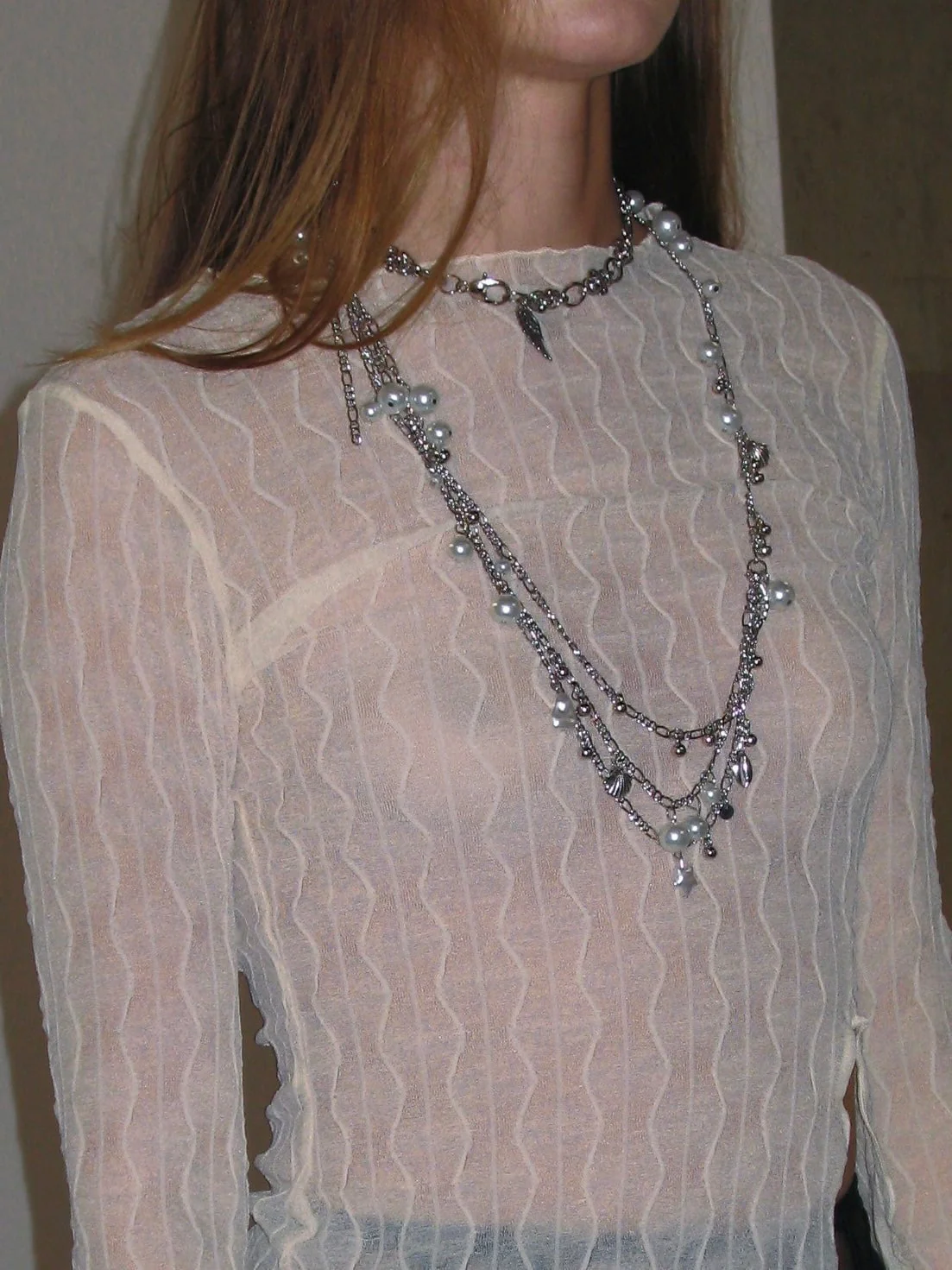 French Jewel Neck Mesh Long Sleeve/ Apricot - Image 2