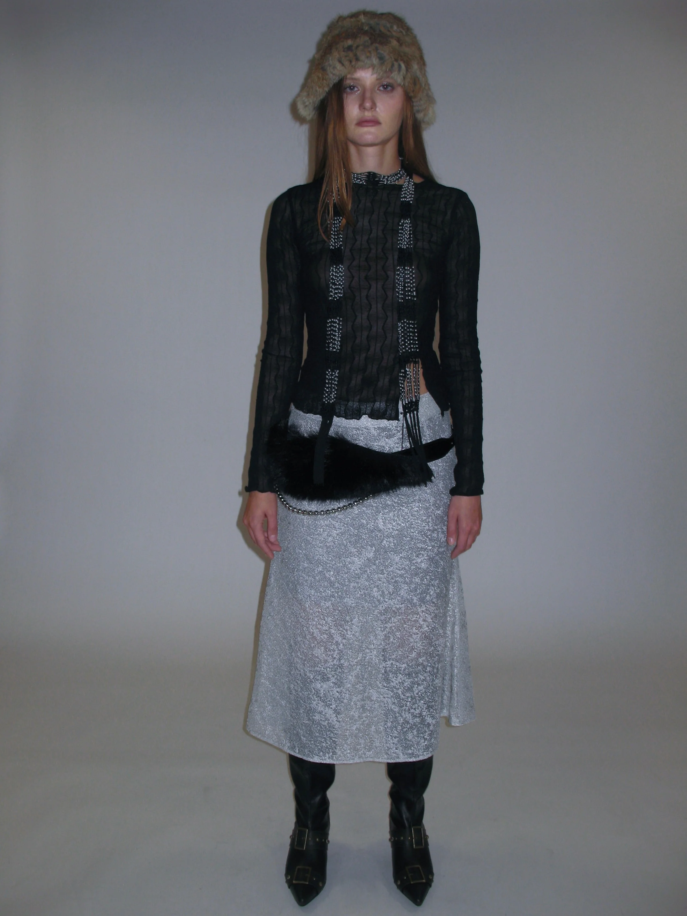 French Jewel Neck Mesh Long Sleeve/ Black - Image 3