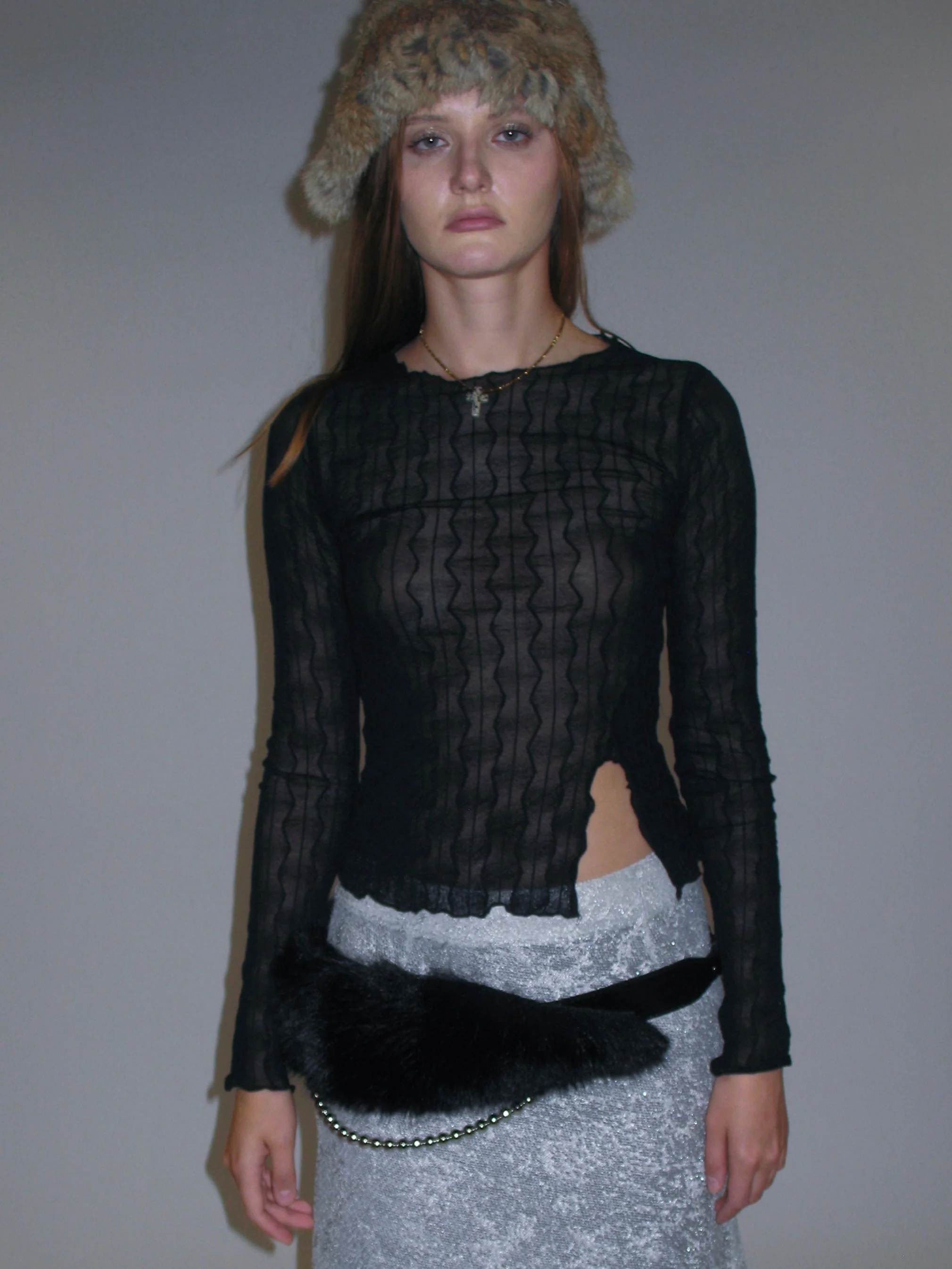 French Jewel Neck Mesh Long Sleeve/ Black - Image 4