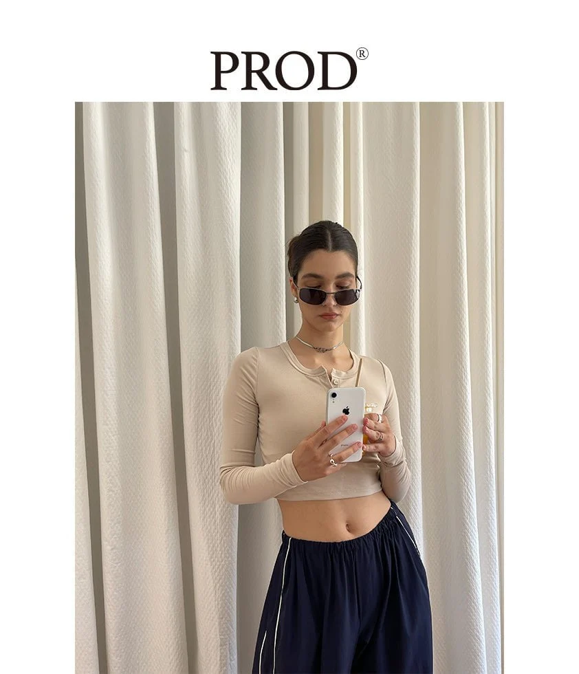 Henley Crop Top Long Sleeve/ Nude