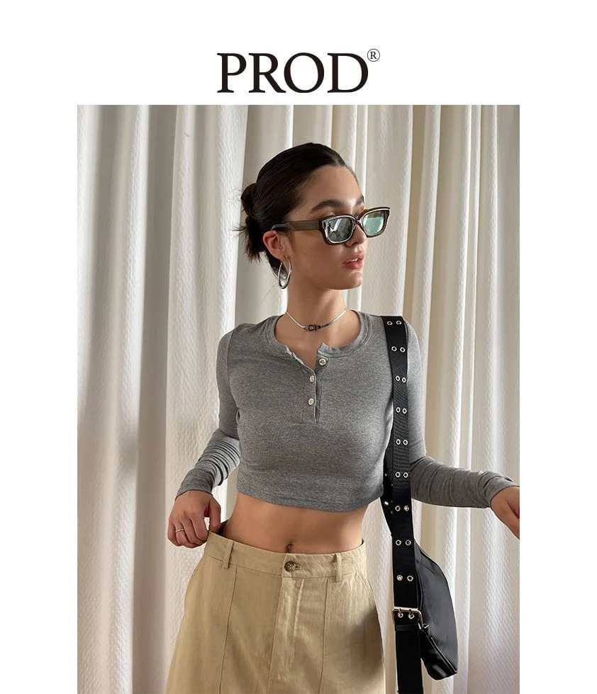 Henley Crop Top Long Sleeve / Gray - Image 2