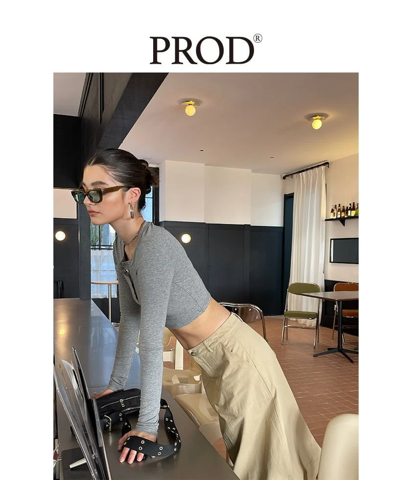 Henley Crop Top Long Sleeve / Gray - Image 3