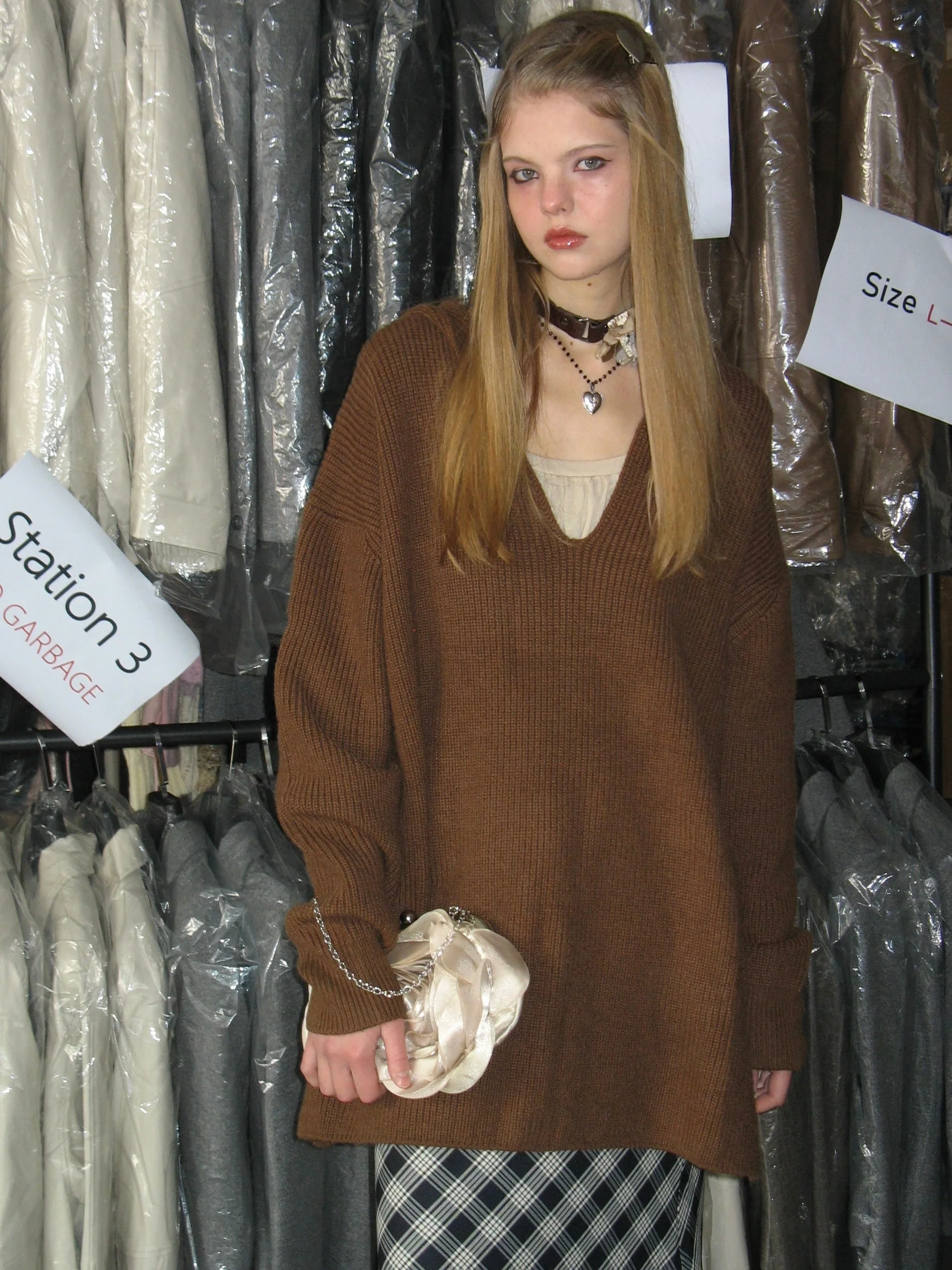 Brown Hooded V-Neck Sweater - Image 2
