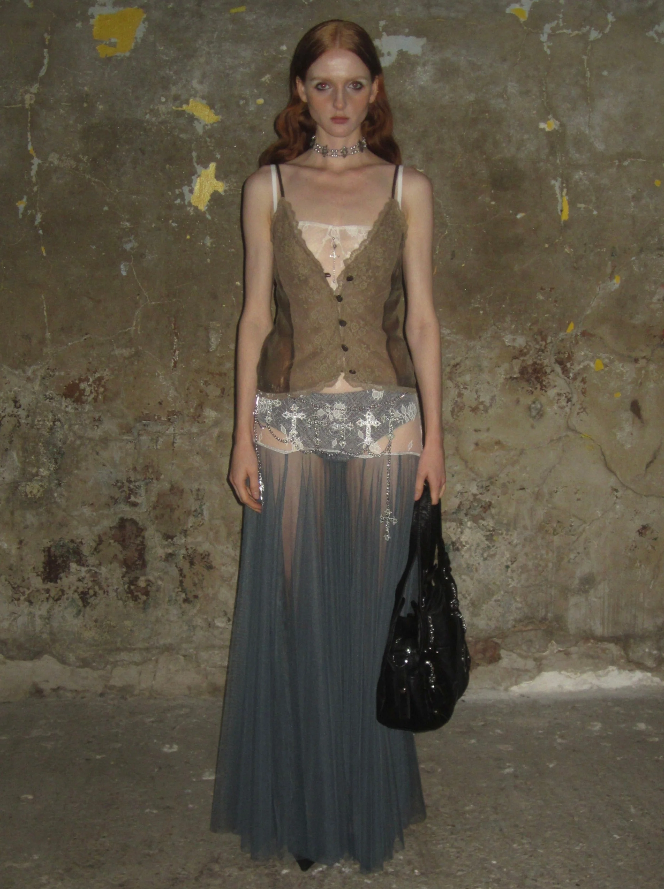 Lace buttoned camisole top /Coffee - Image 3