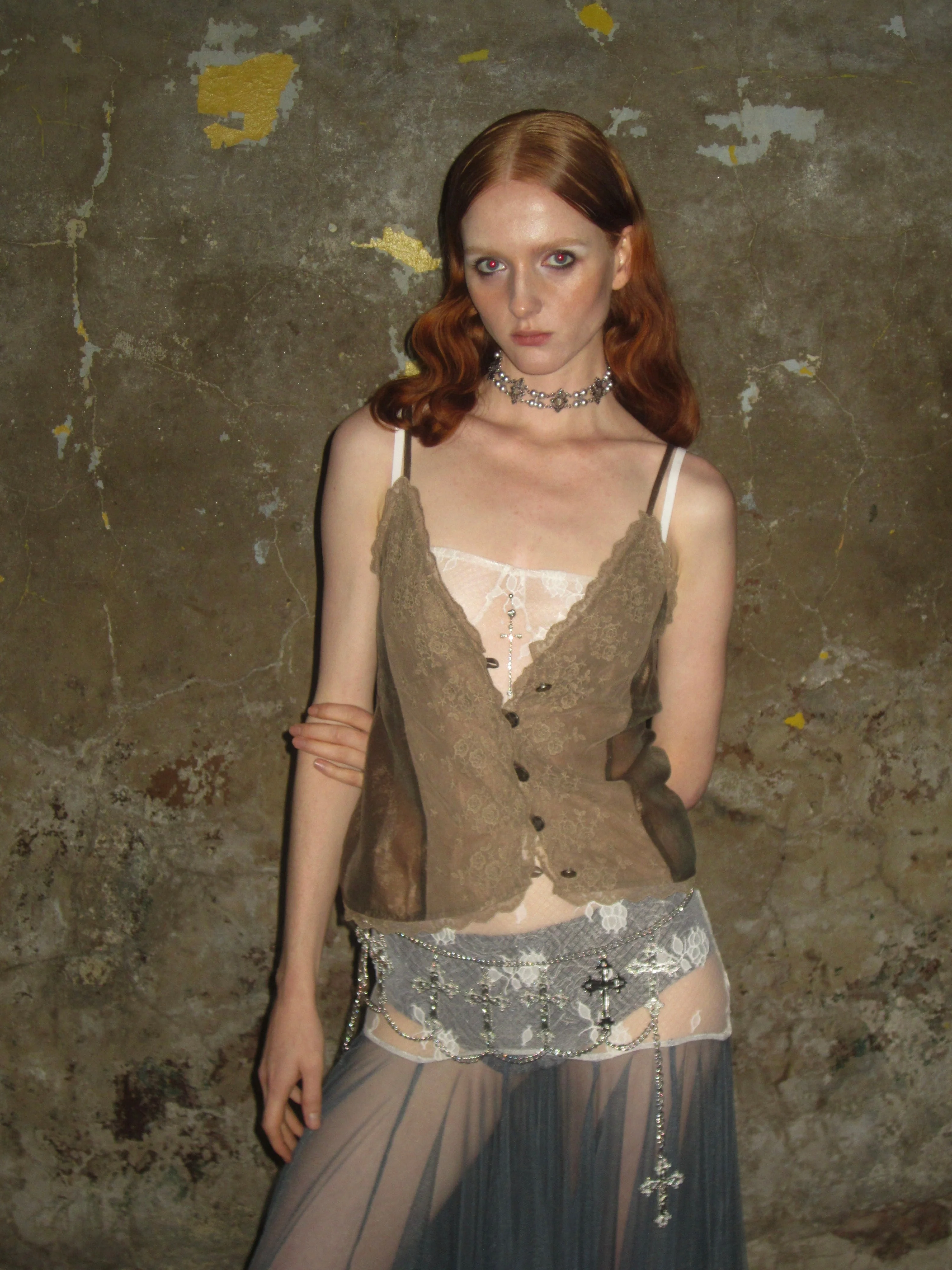 Lace buttoned camisole top /Coffee - Image 6