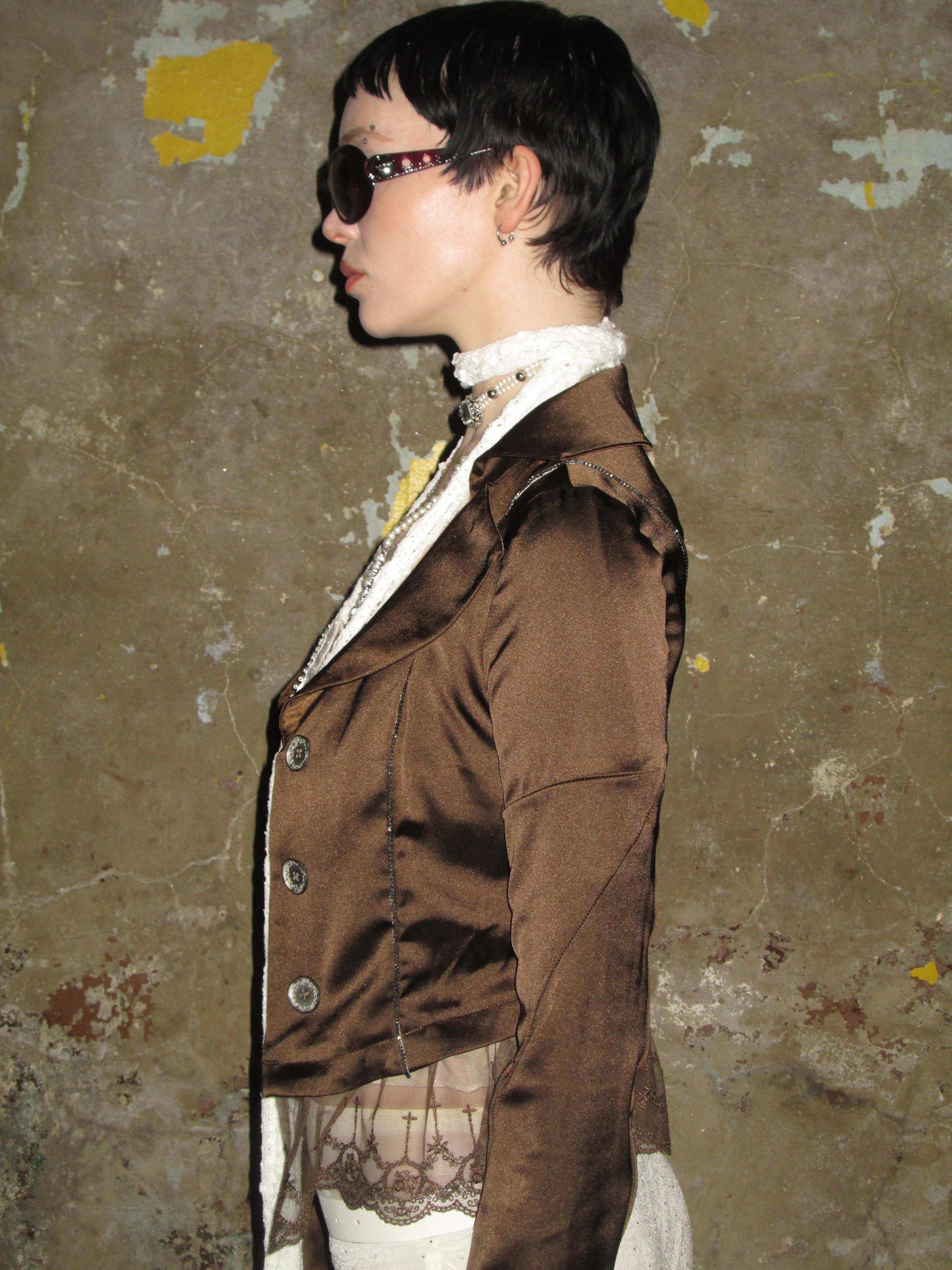 Lace-trimmed Satin Sparkly Blazer /Brown - Image 3