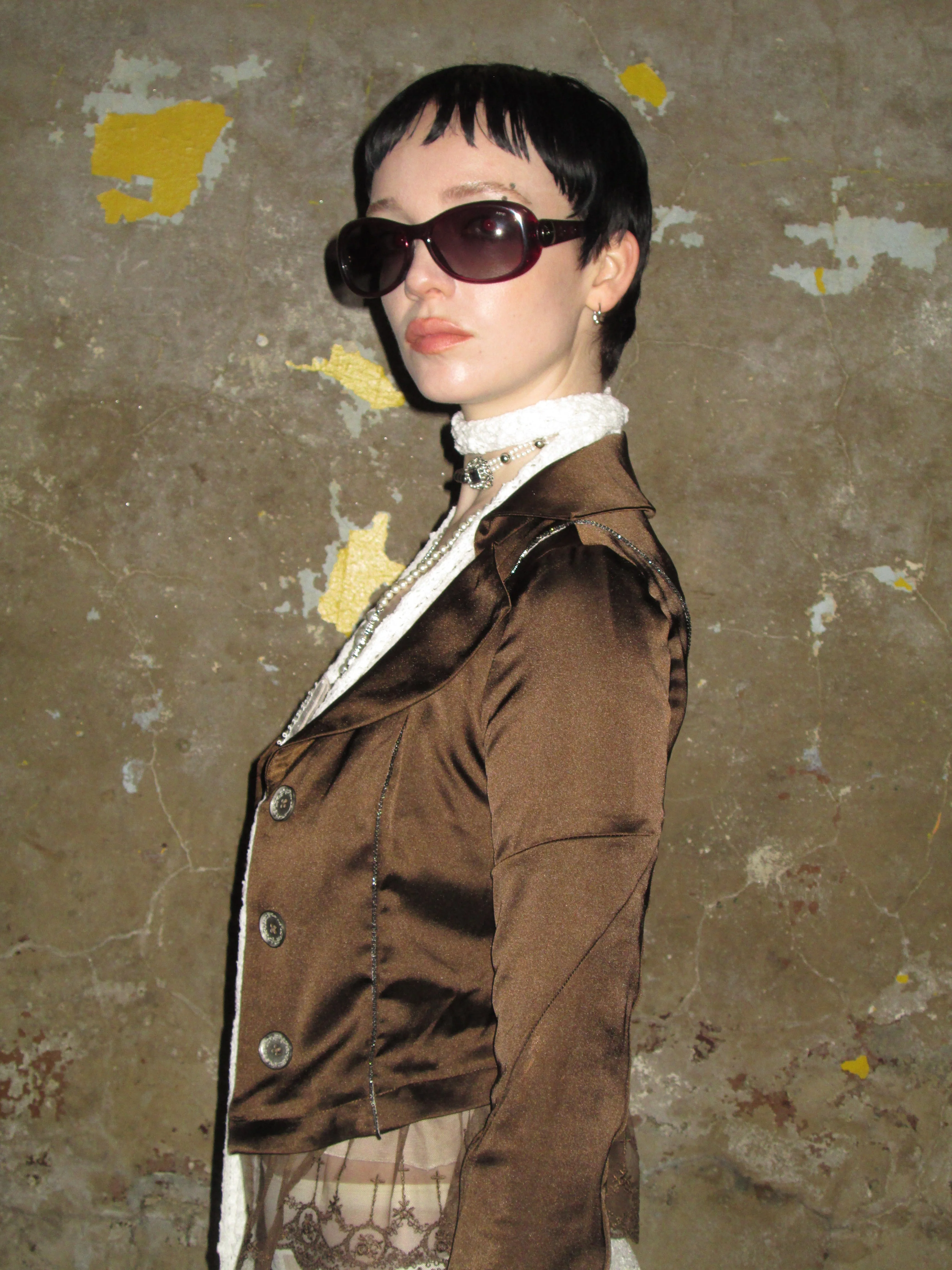 Lace-trimmed Satin Sparkly Blazer /Brown - Image 7