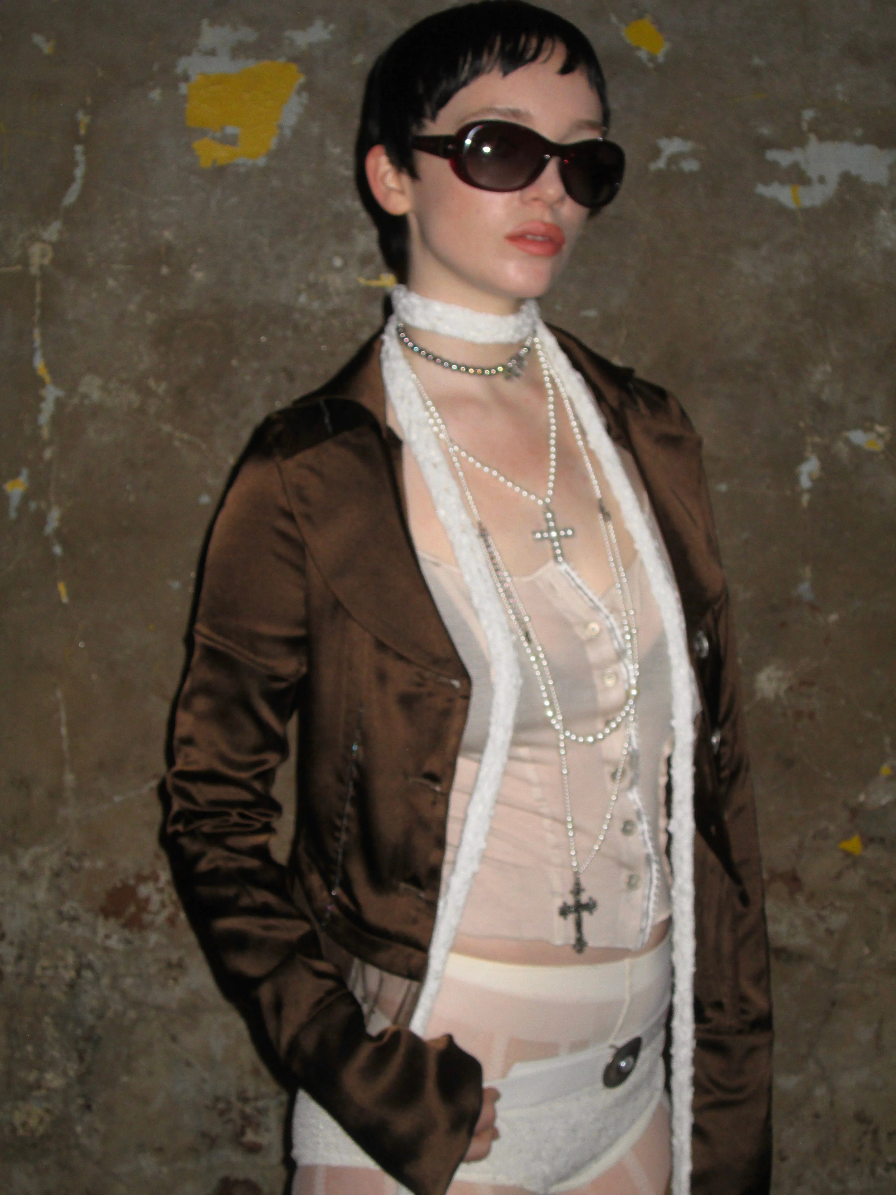 Lace-trimmed Satin Sparkly Blazer /Brown - Image 8