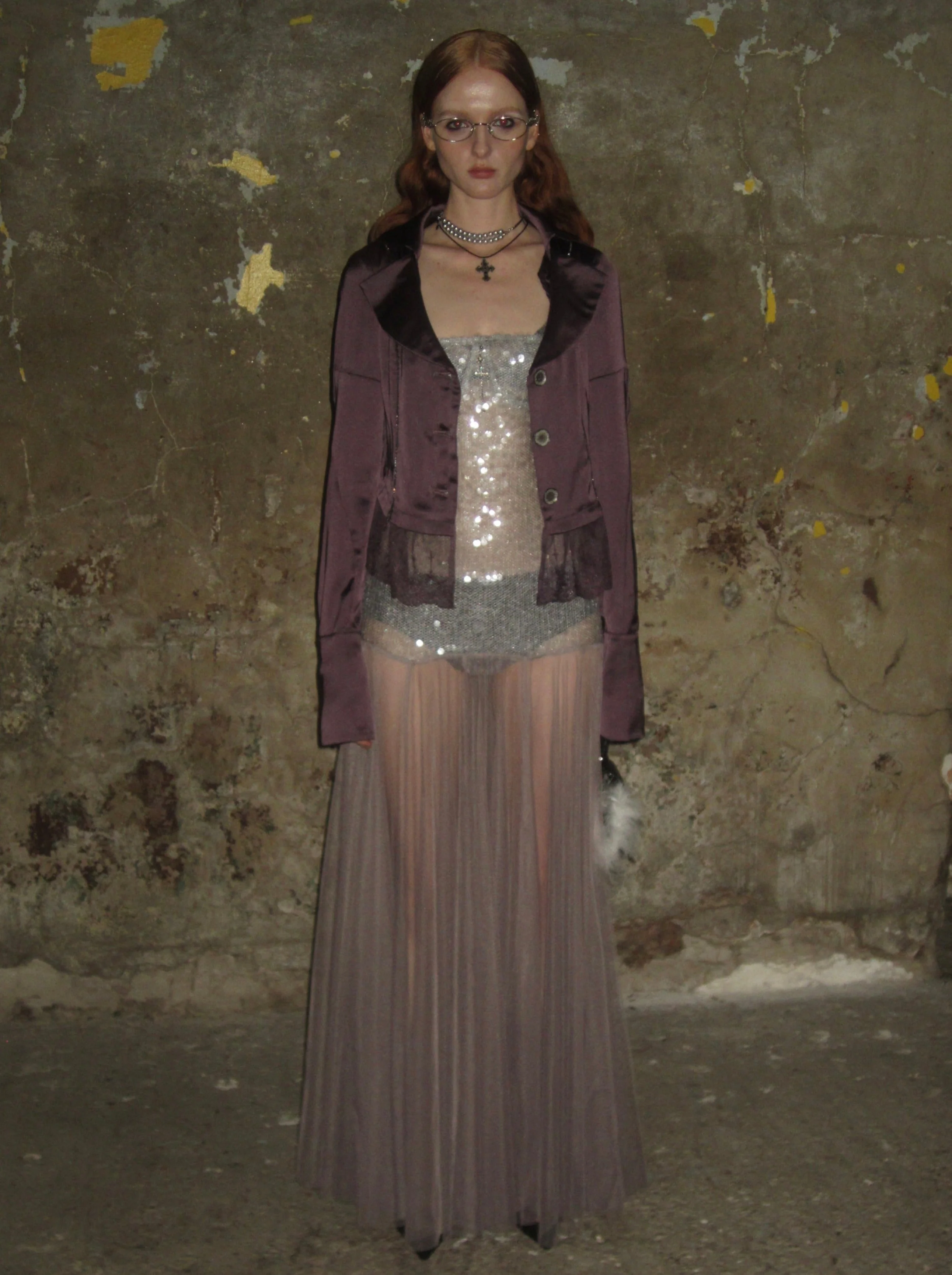 Lace-trimmed Satin Sparkly Blazer /Purple - Image 10