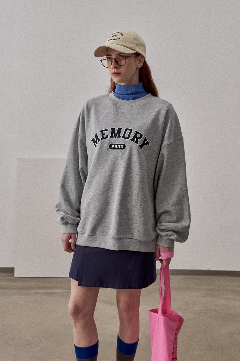 Loose Fit Memory Letters Embroidered Crewneck Sweatshirt / Melange Grey - Image 2