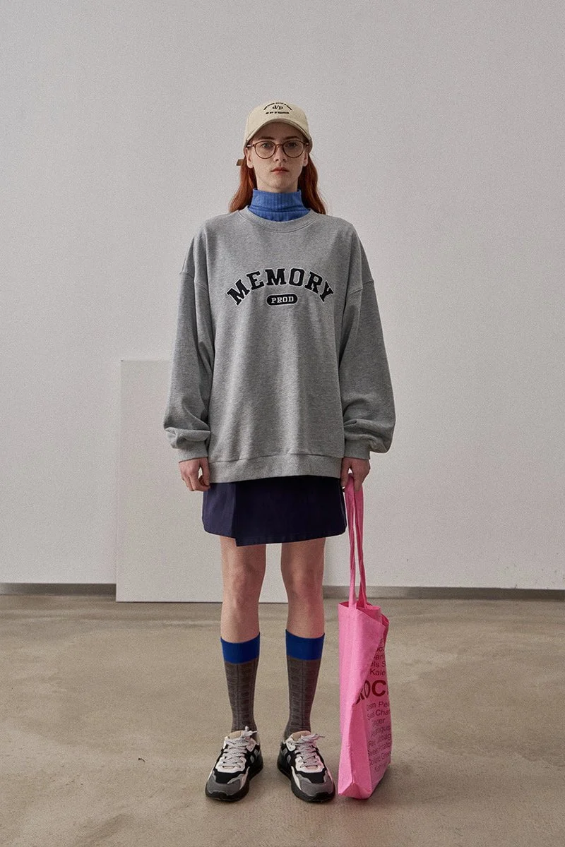 Loose Fit Memory Letters Embroidered Crewneck Sweatshirt / Melange Grey - Image 4