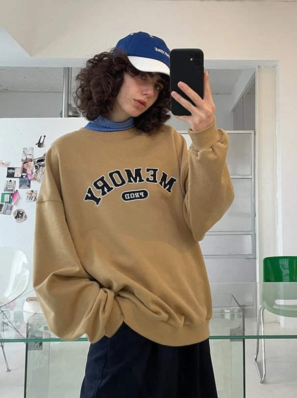 Loose Fit Memory Letters Embroidered Crewneck Sweatshirt / Mustard Yellow