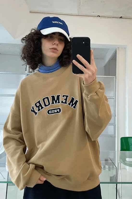 Loose Fit Memory Letters Embroidered Crewneck Sweatshirt / Mustard Yellow - Image 2