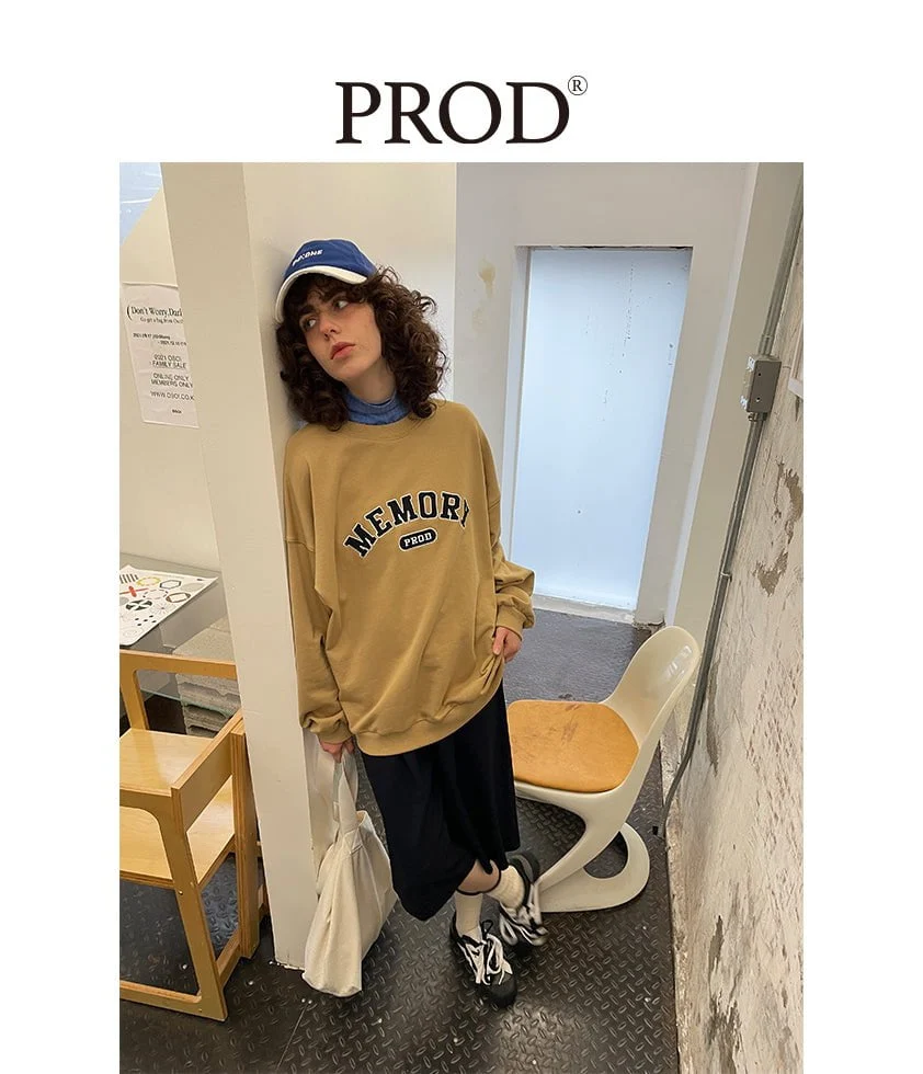 Loose Fit Memory Letters Embroidered Crewneck Sweatshirt / Mustard Yellow - Image 7