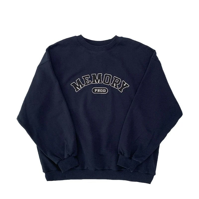 Loose Fit Memory Letters Embroidered Crewneck Sweatshirt / Navy Blue - Image 2