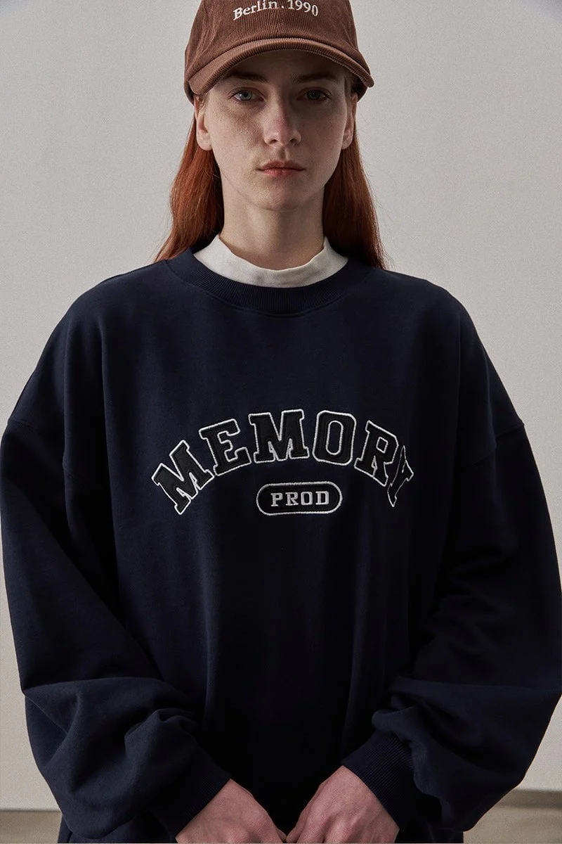 Loose Fit Memory Letters Embroidered Crewneck Sweatshirt / Navy Blue - Image 4