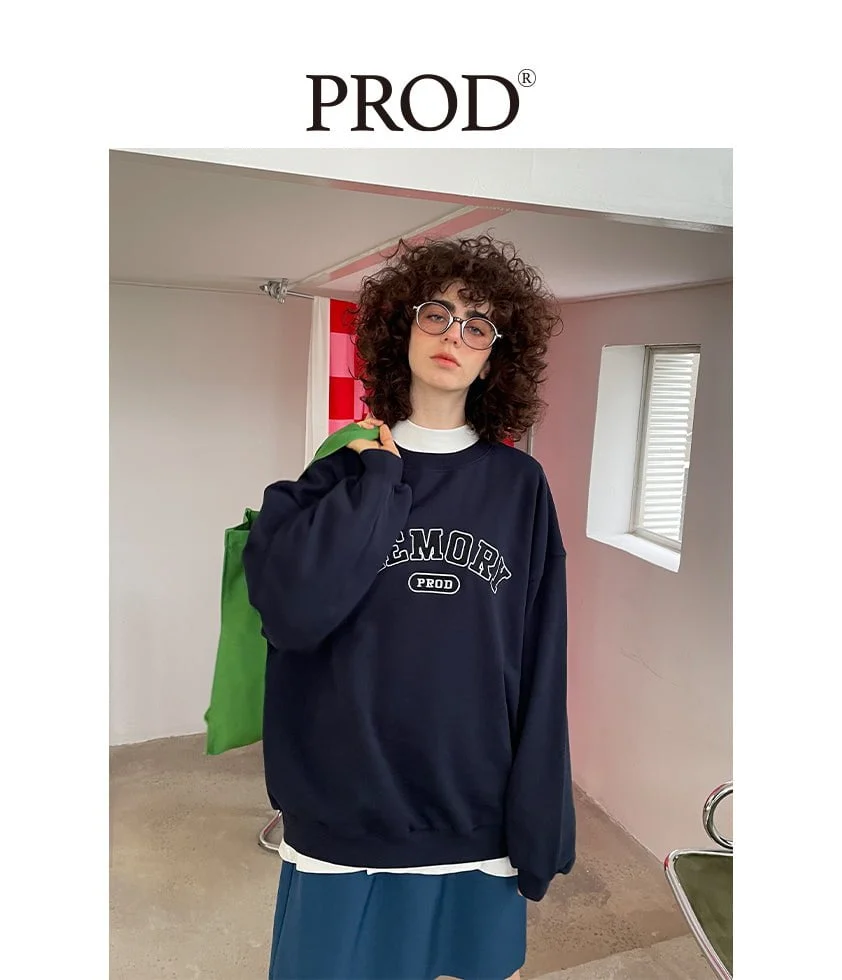 Loose Fit Memory Letters Embroidered Crewneck Sweatshirt / Navy Blue - Image 6