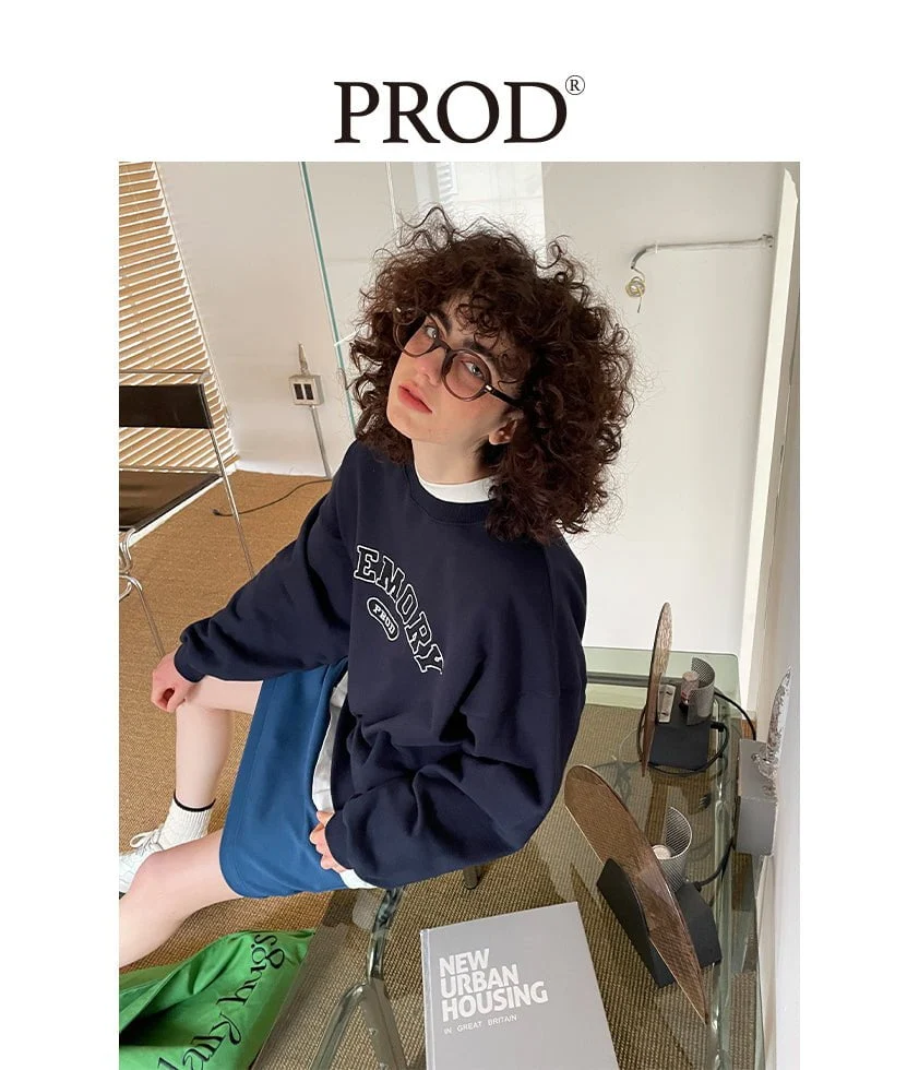 Loose Fit Memory Letters Embroidered Crewneck Sweatshirt / Navy Blue - Image 8