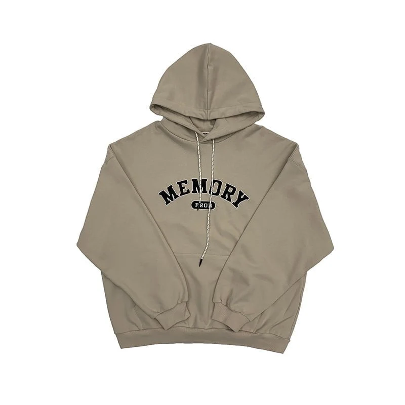 Loose Fit Memory Letters Embroidered Hoodie / Beige - Image 2