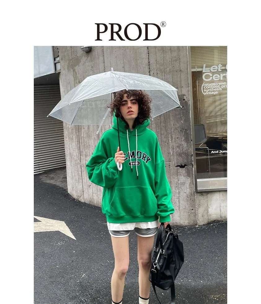 Loose Fit Memory Letters Embroidered Hoodie / Green - Image 3