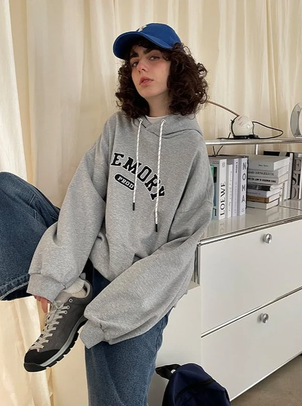 Loose Fit Memory Letters Embroidered Hoodie / Melange Grey
