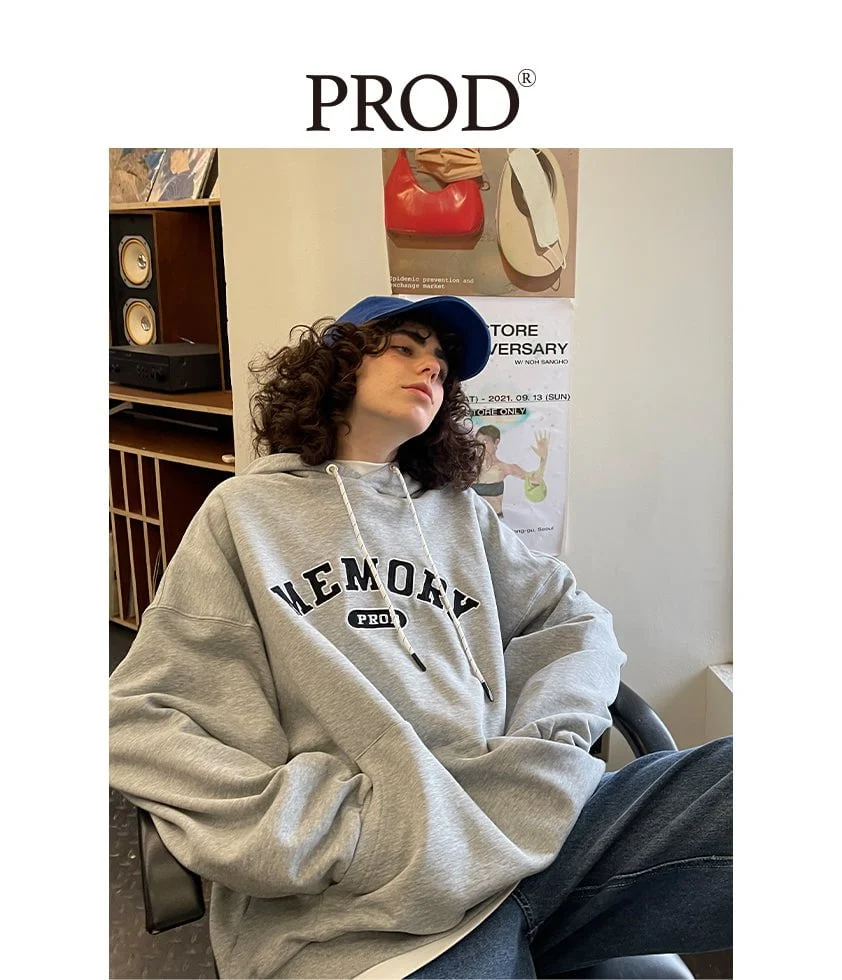 Loose Fit Memory Letters Embroidered Hoodie / Melange Grey - Image 2