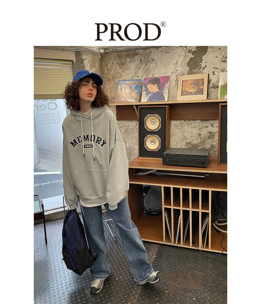 Loose Fit Memory Letters Embroidered Hoodie / Melange Grey - Image 4