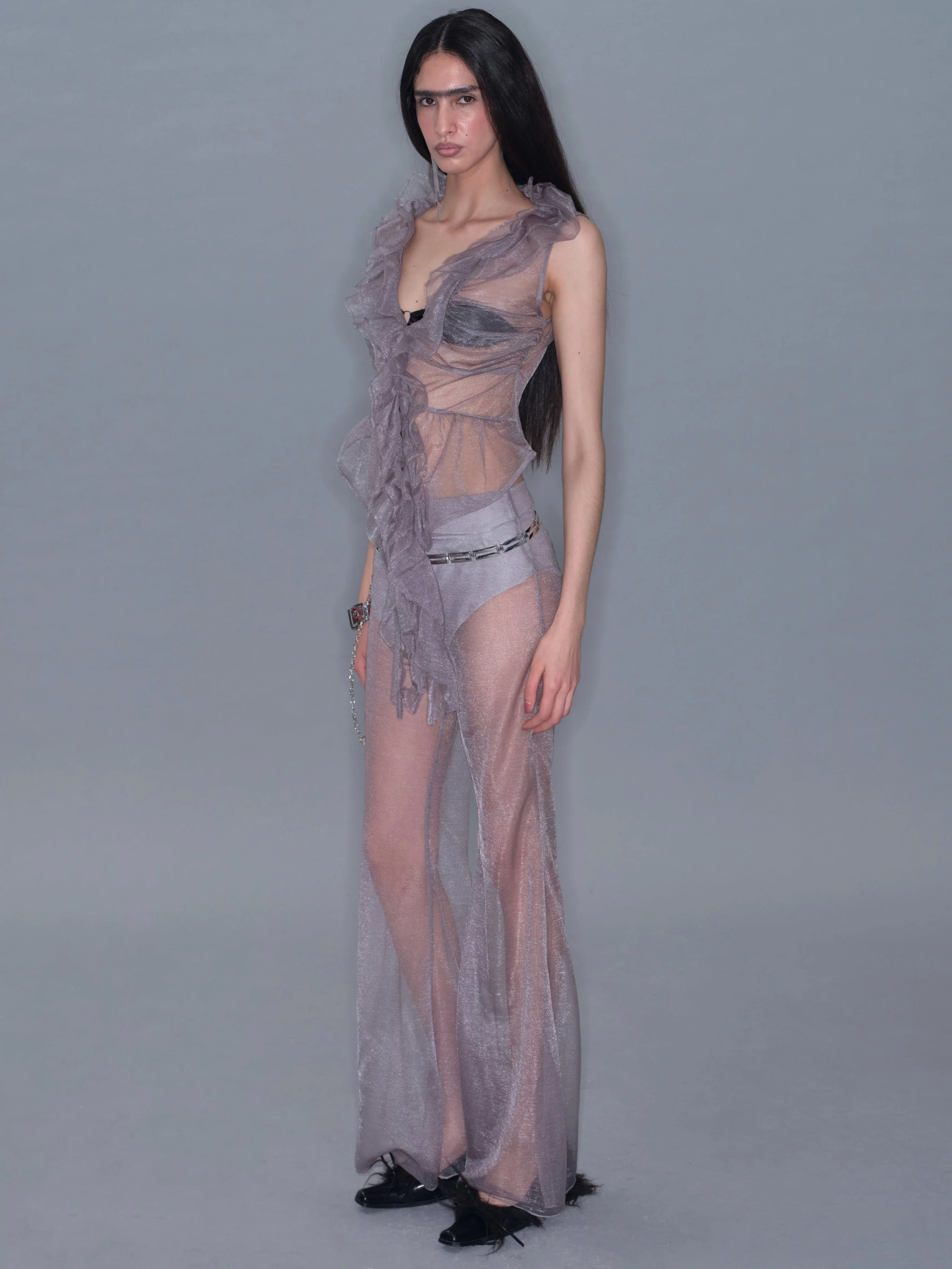 Mesh Ruffle Sleeveless Cardigan Tank Top/ Gray - Image 3