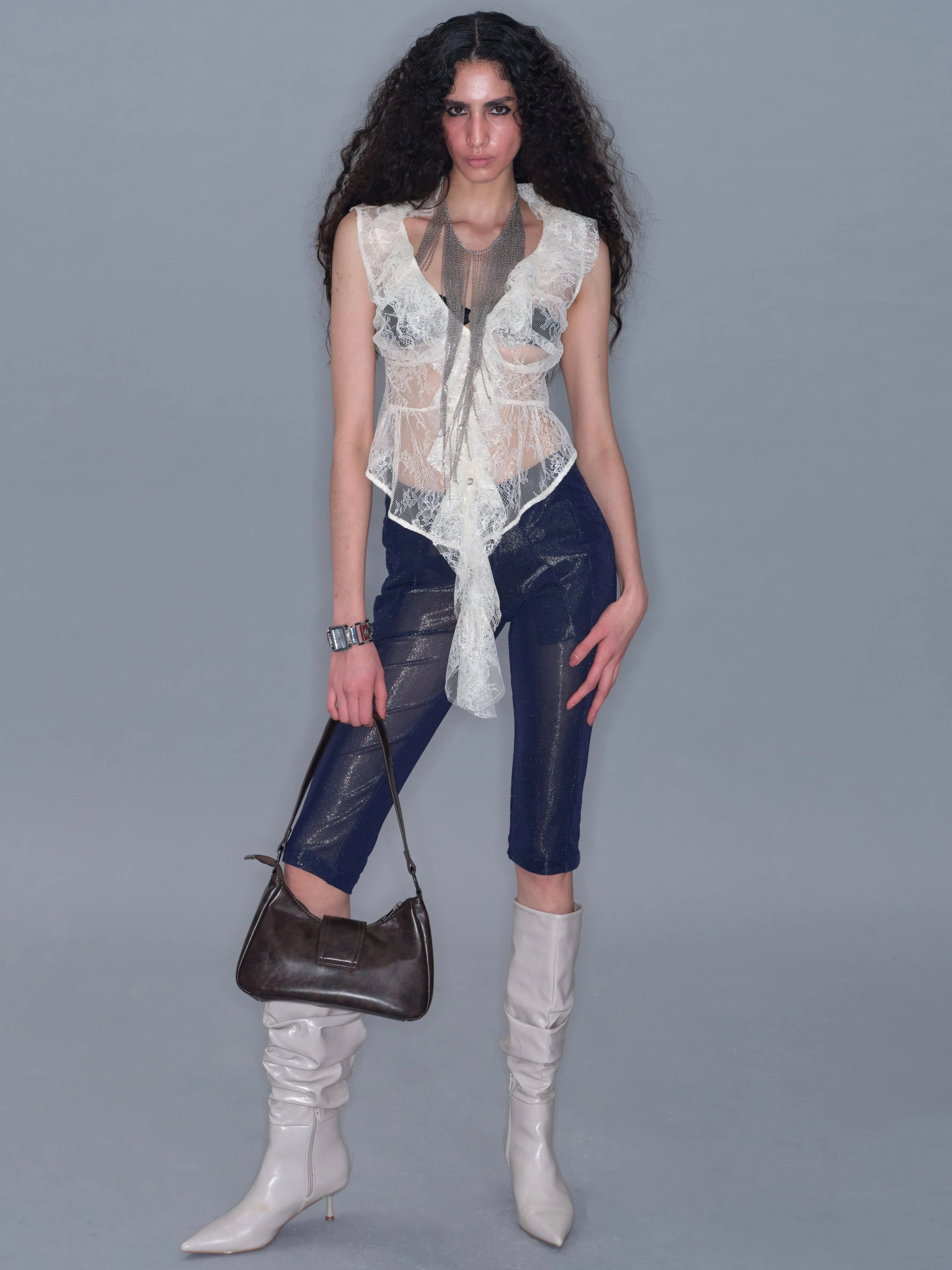Mesh Ruffle Sleeveless Cardigan Tank Top/ Apricot - Image 4
