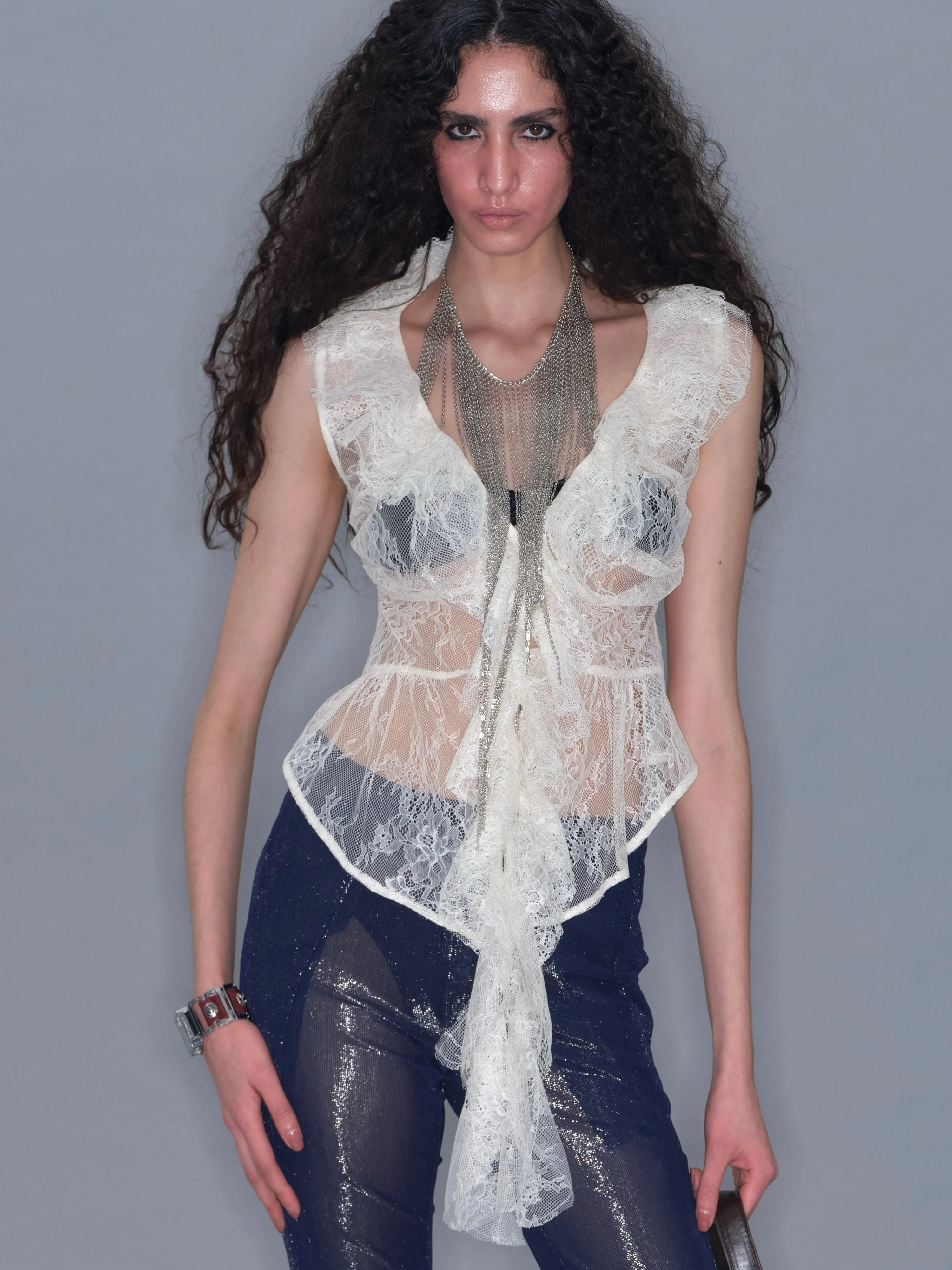 Mesh Ruffle Sleeveless Cardigan Tank Top/ Apricot - Image 7