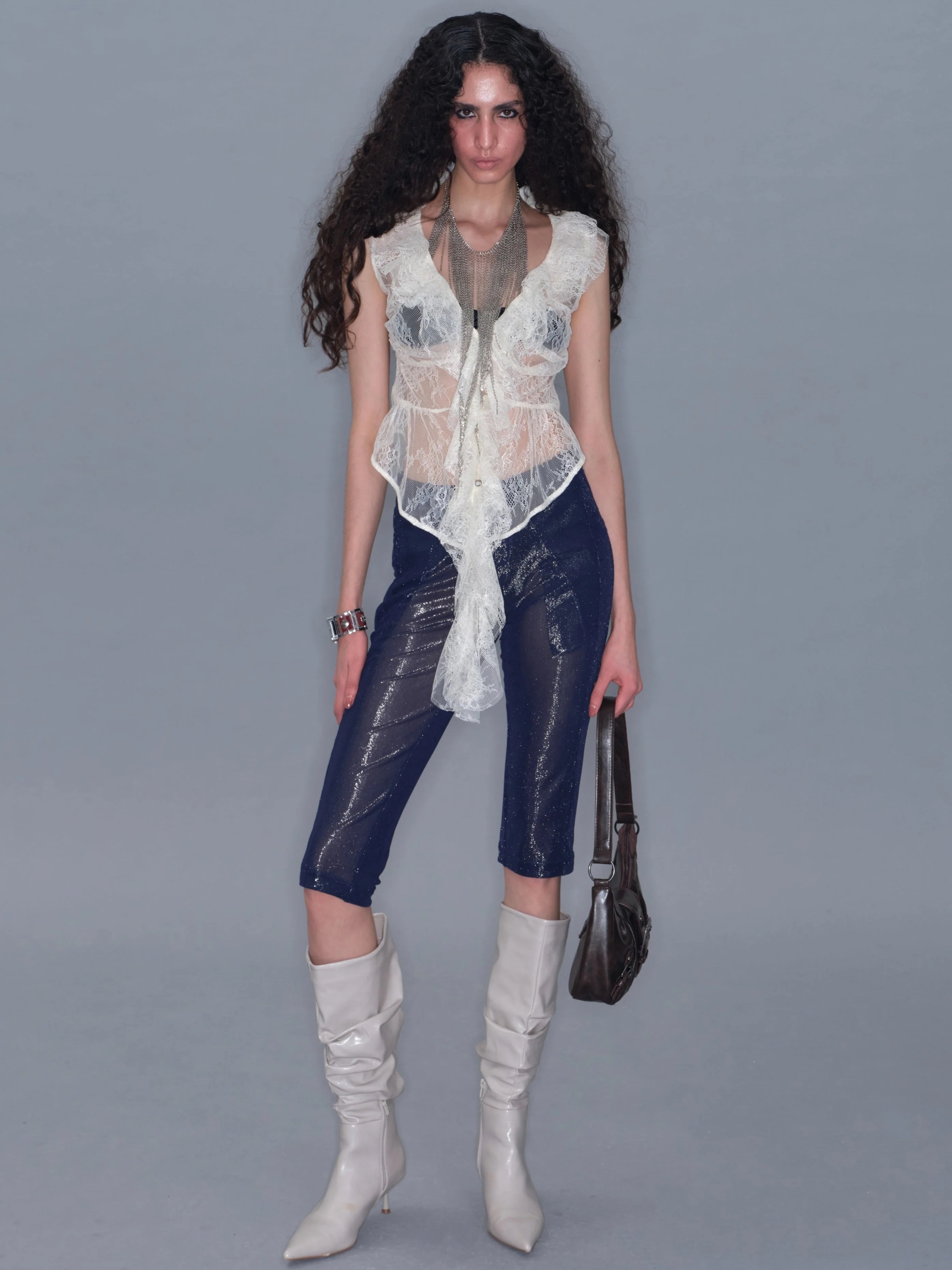 Mesh Ruffle Sleeveless Cardigan Tank Top/ Apricot - Image 8