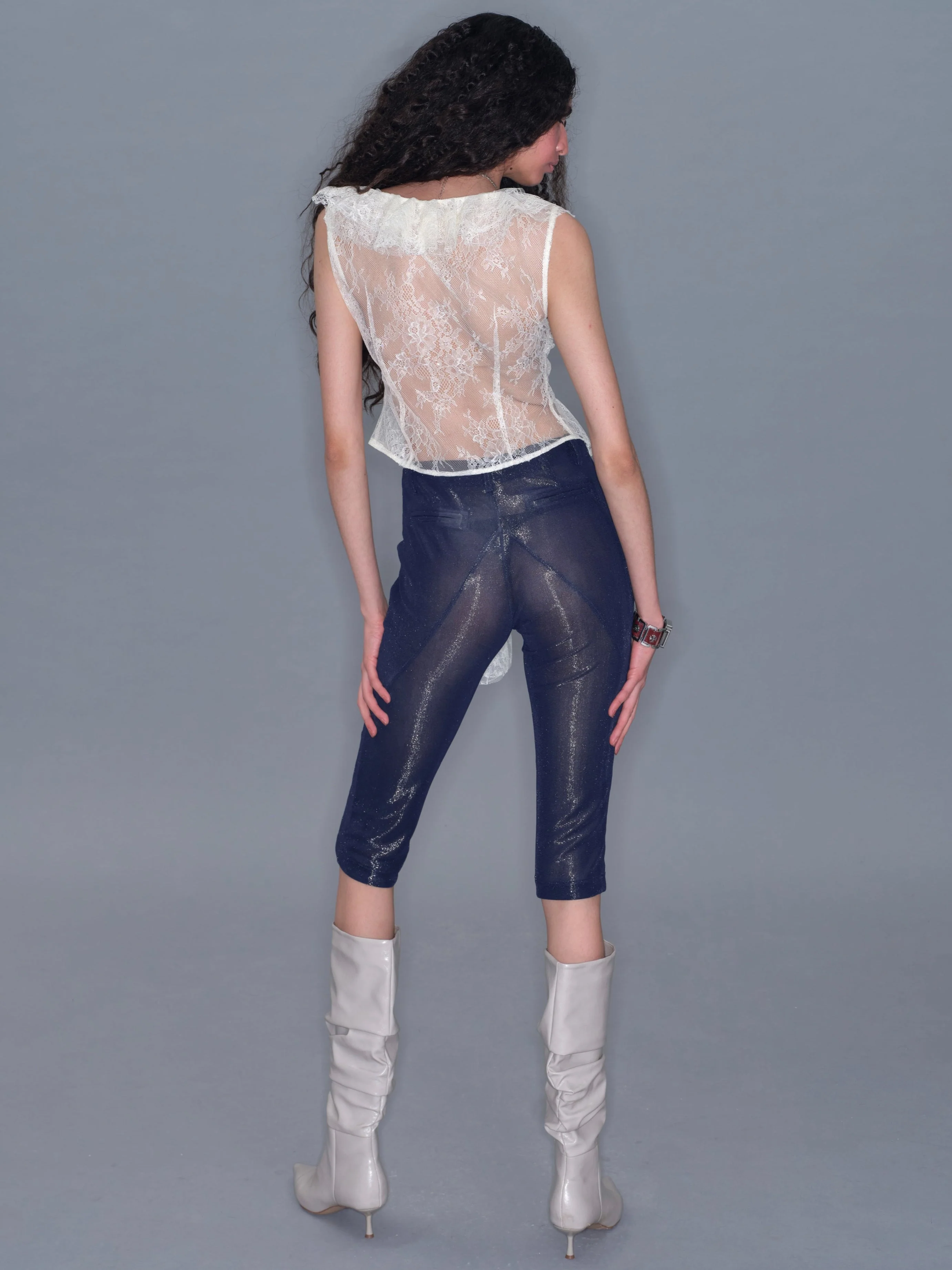 Mesh Ruffle Sleeveless Cardigan Tank Top/ Apricot - Image 9
