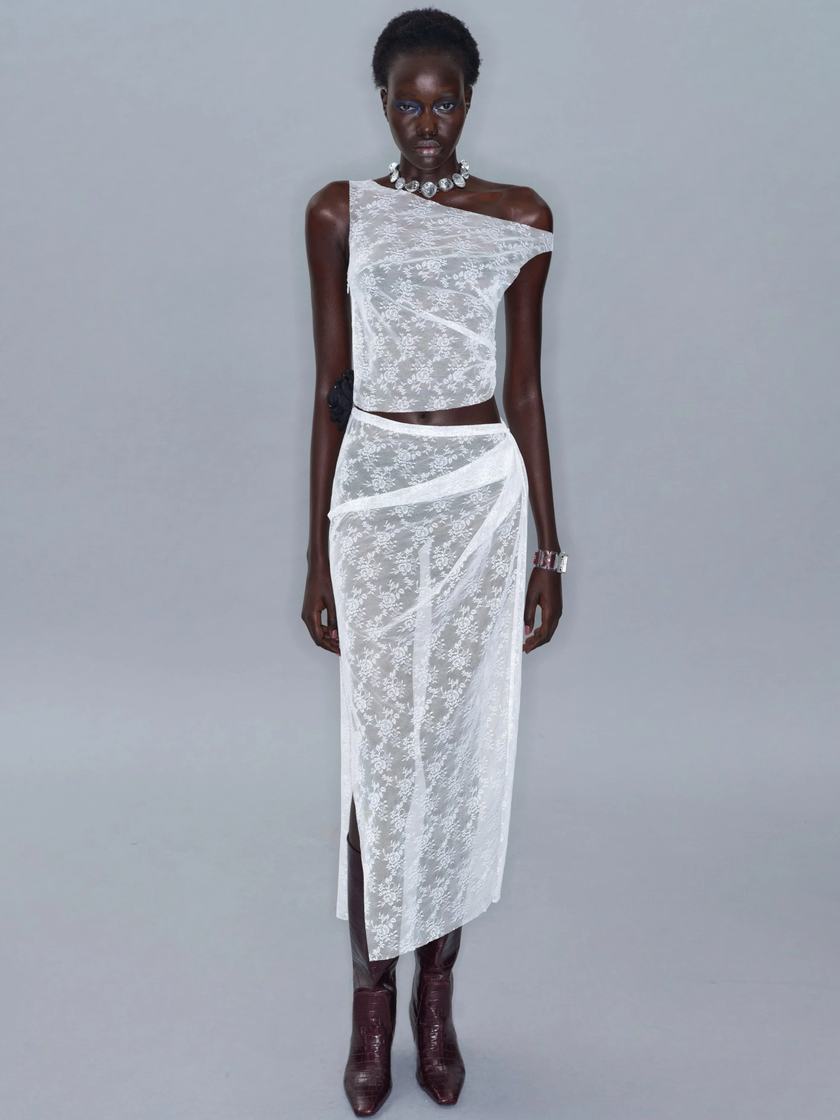 Mesh Side Slit Lace Dress/ White - Image 6