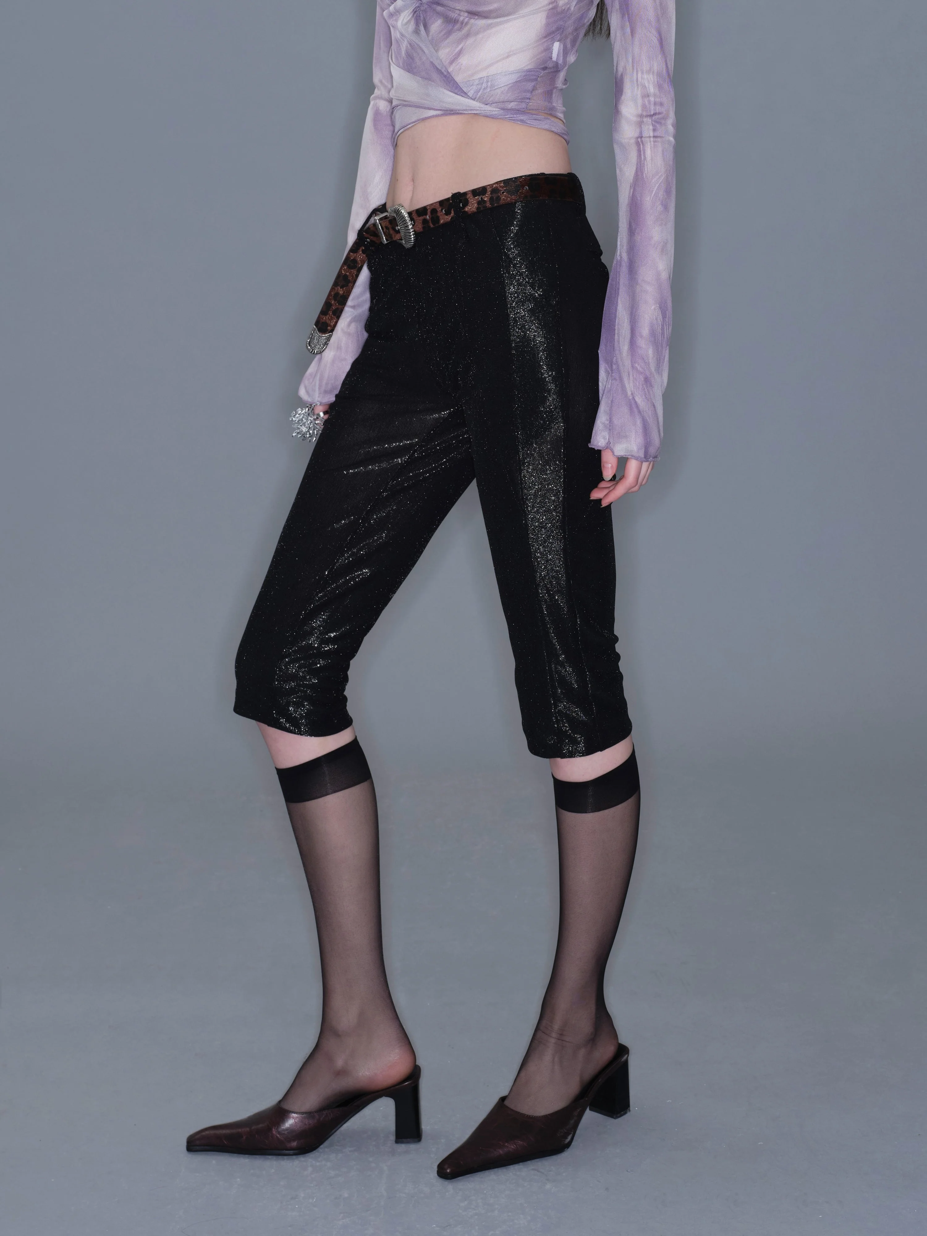 Metallic Mid-Length Shorts/ Black