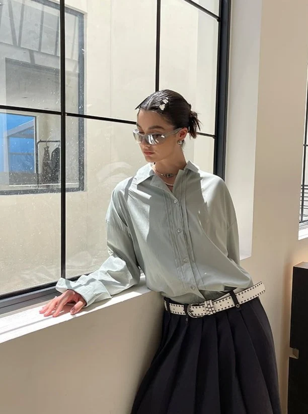 Oversized Textured Long Sleeve Blouse / Green Gray