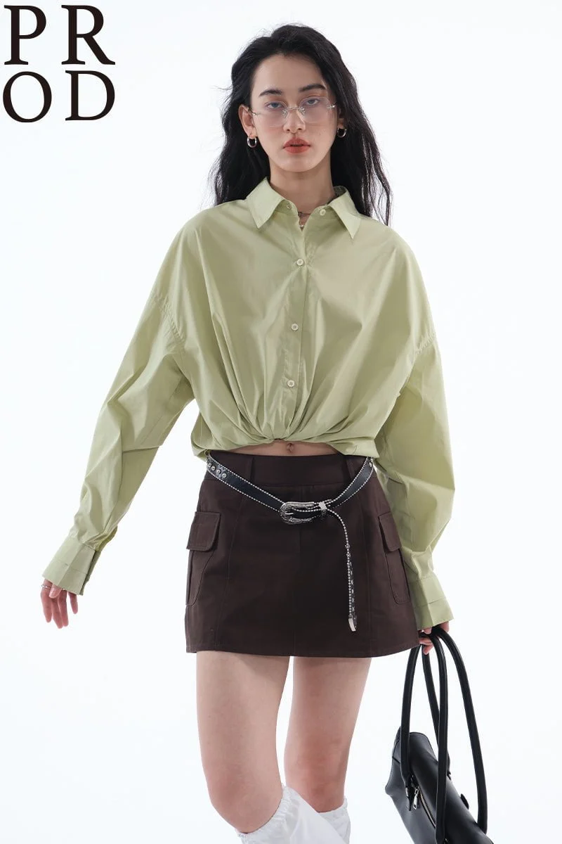 Oversized Plain Long Sleeve Blouse / Green - Image 2
