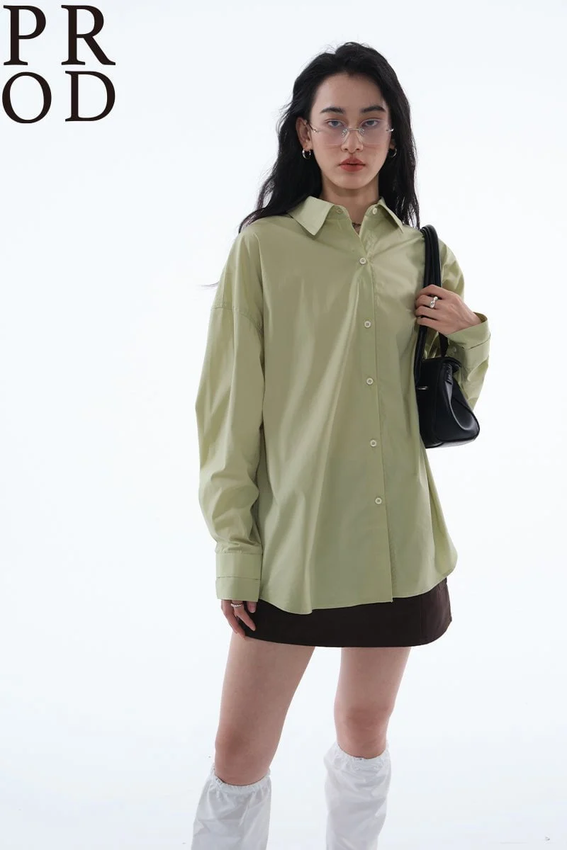 Oversized Plain Long Sleeve Blouse / Green - Image 4