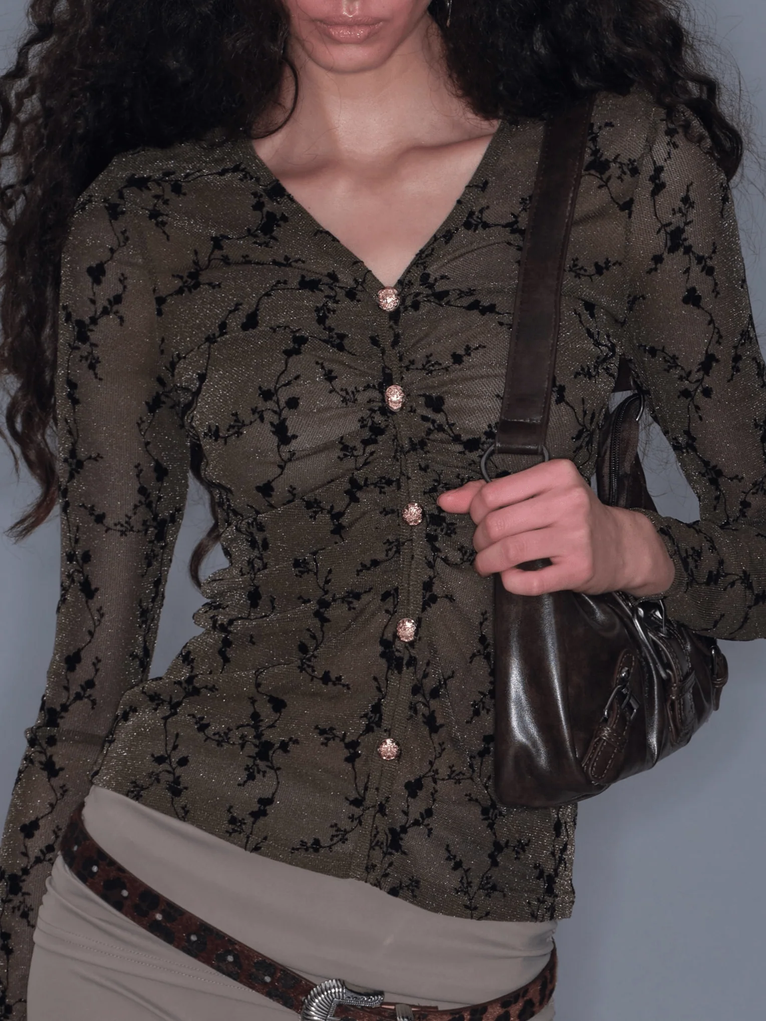 Printed Mesh Ruched Waist Long-sleeve - Image 3